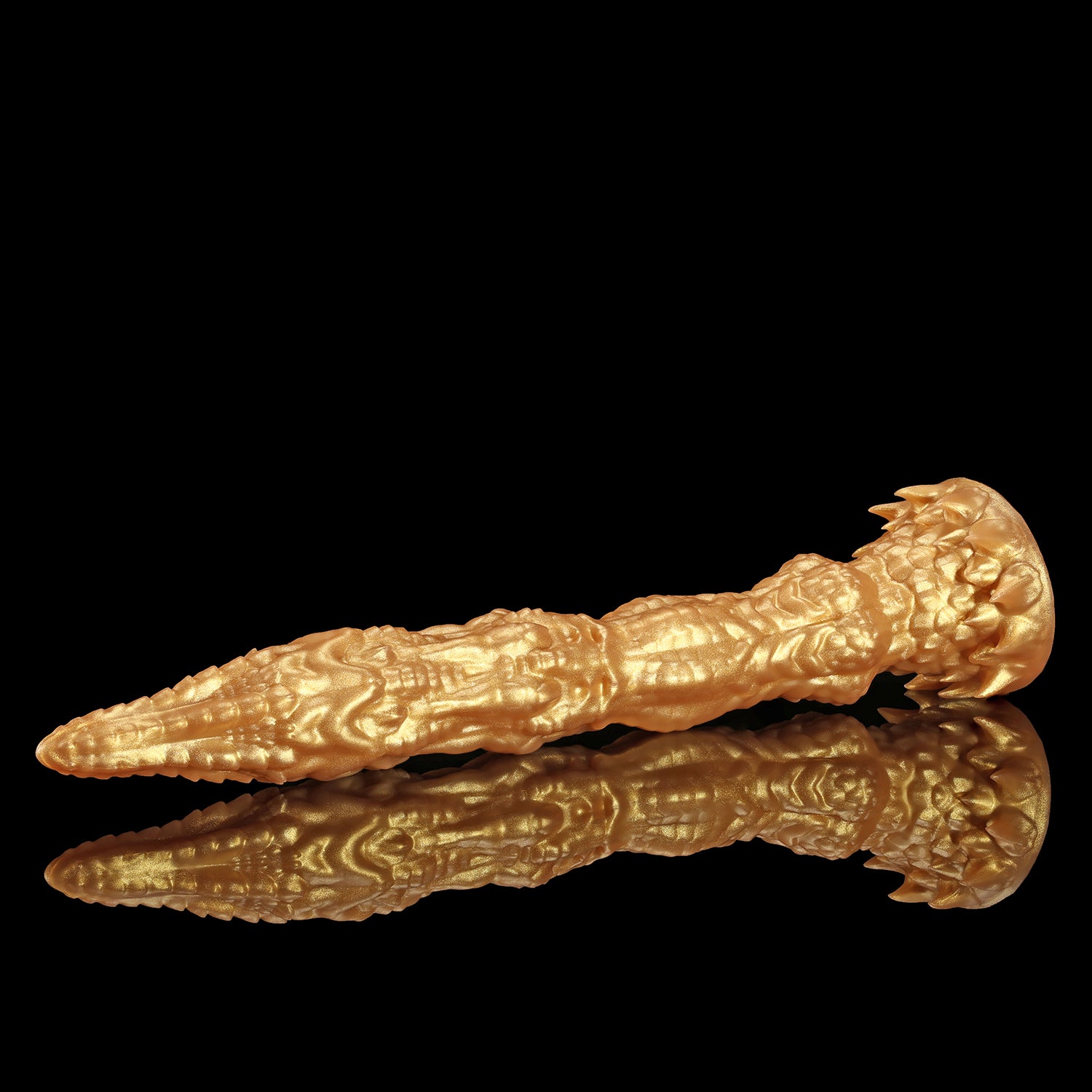 Meo's Ridge custom dragon fantasy dildo with a long curved, scale-textured shaft - gold colorway angled view