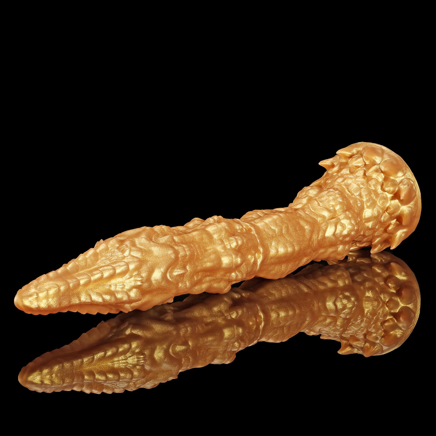 Meo's Ridge custom dragon fantasy dildo with a long curved, scale-textured shaft - gold colorway side view