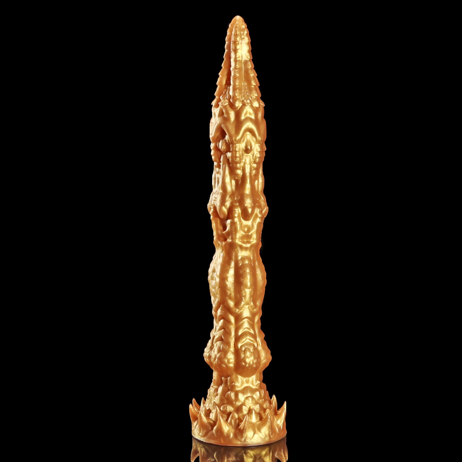 Meo's Ridge custom dragon fantasy dildo with a long curved, scale-textured shaft - gold colorway upright view