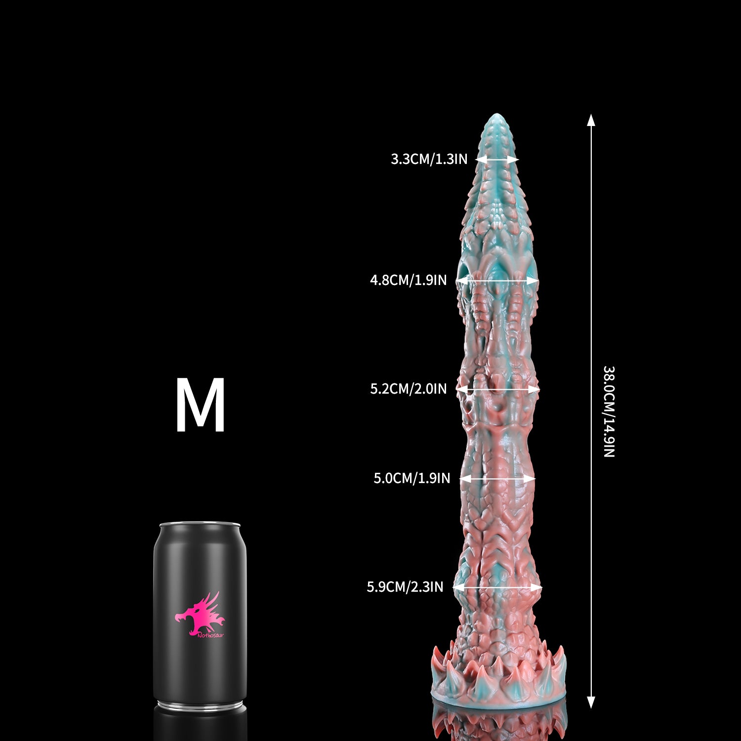 Meo's Ridge custom dragon fantasy dildo with a long curved, scale-textured shaft - M size comparison