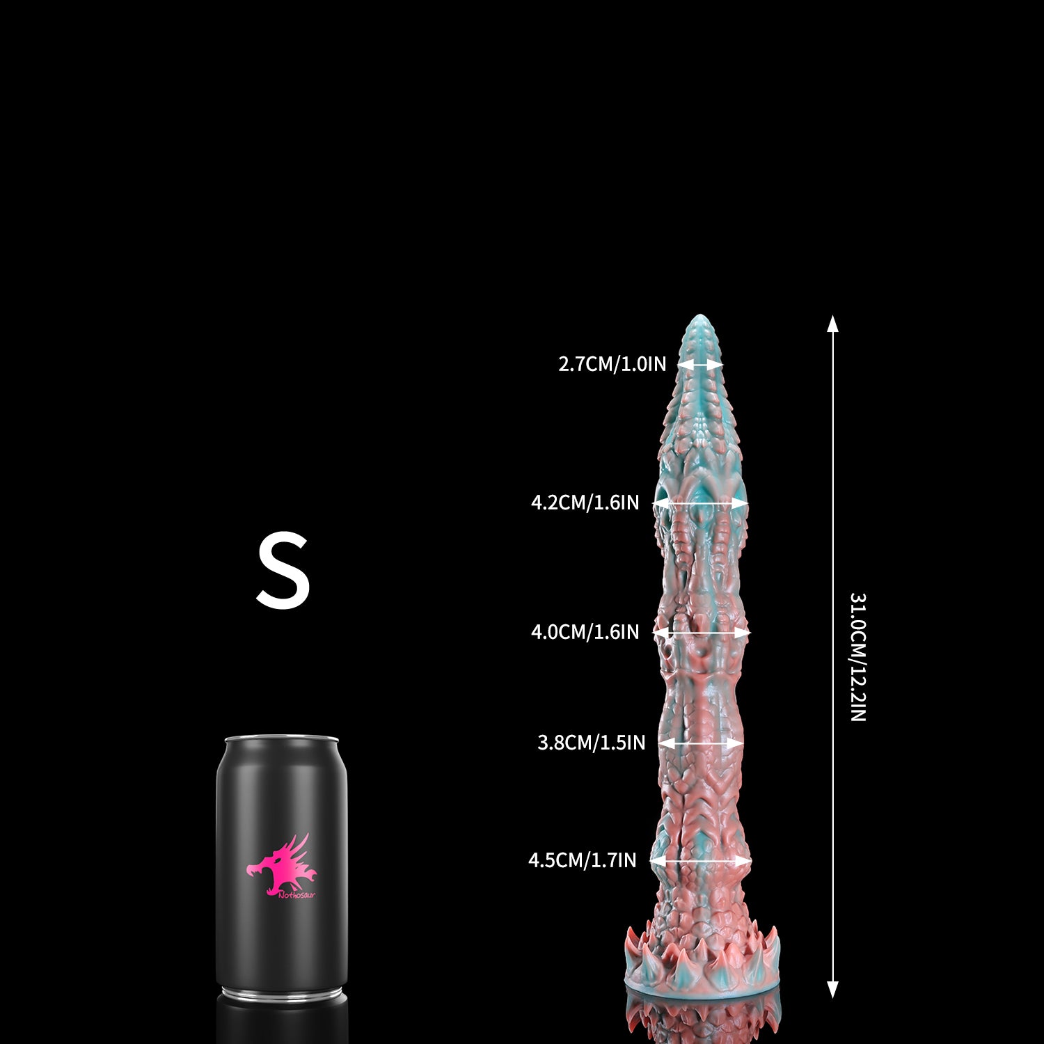 Meo's Ridge custom dragon fantasy dildo with a long curved, scale-textured shaft - S size comparison