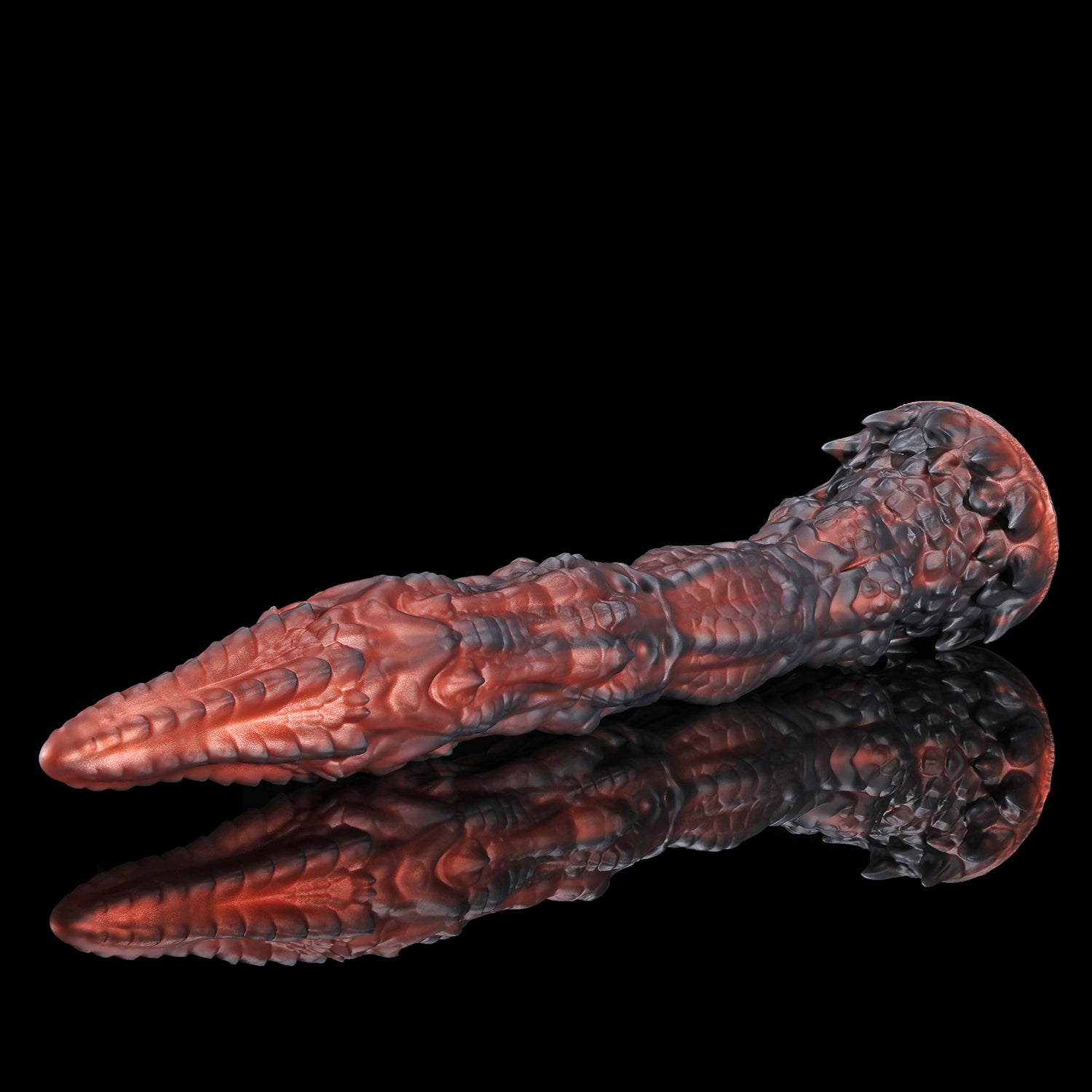 Meo's Ridge custom dragon fantasy dildo with a long curved, scale-textured shaft - Smaug colorway angled view