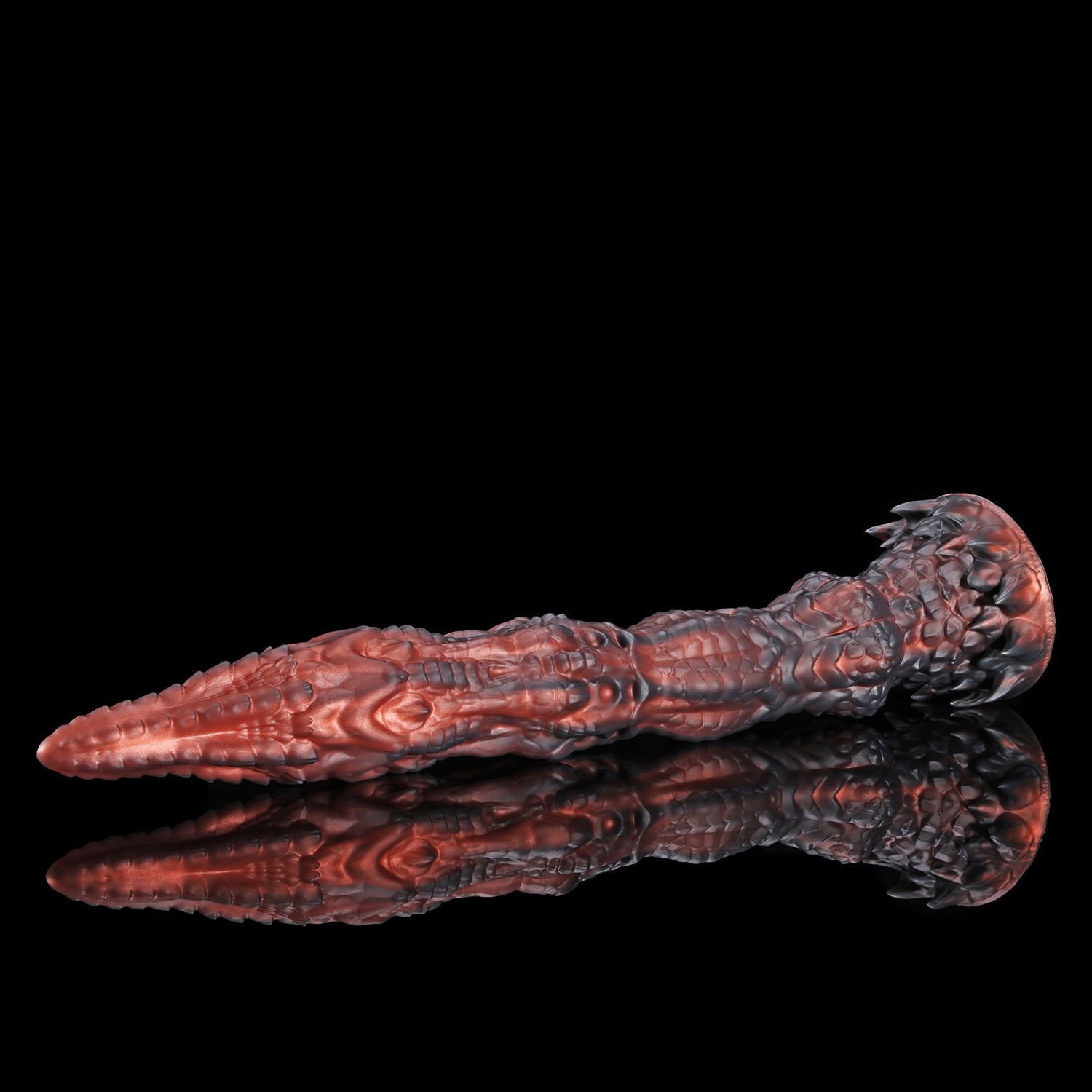 Meo's Ridge custom dragon fantasy dildo with a long curved, scale-textured shaft - Smaug colorway side view