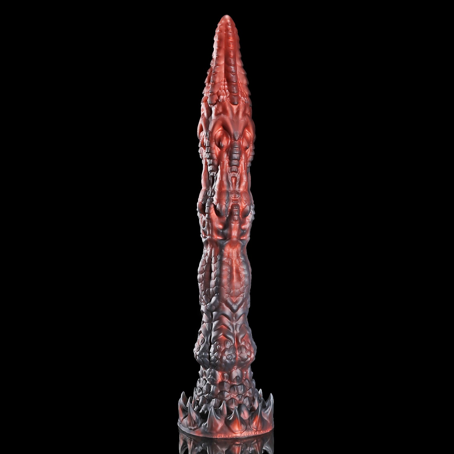Meo's Ridge custom dragon fantasy dildo with a long curved, scale-textured shaft - Smaug colorway upright view