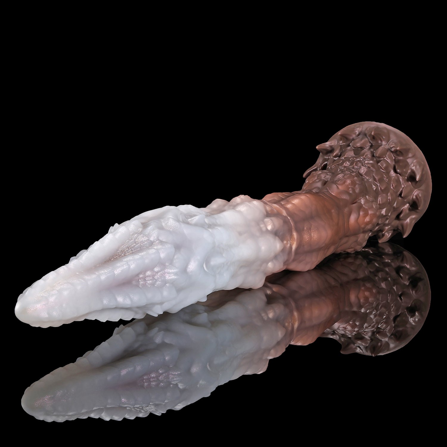 Meo's Ridge custom dragon fantasy dildo with a long curved, scale-textured shaft - Stalactite colorway upright view