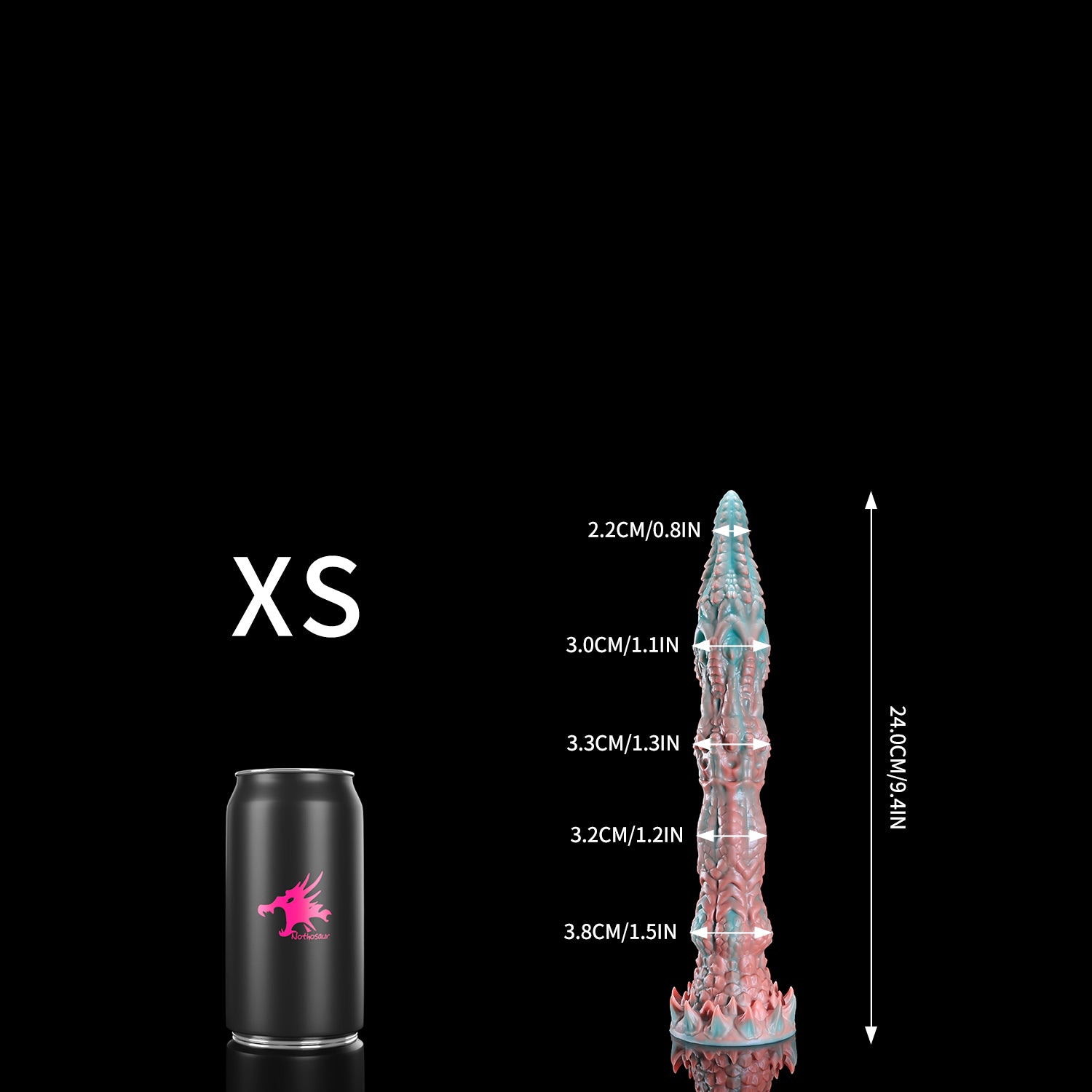 Meo's Ridge custom dragon fantasy dildo with a long curved, scale-textured shaft - XS size comparison