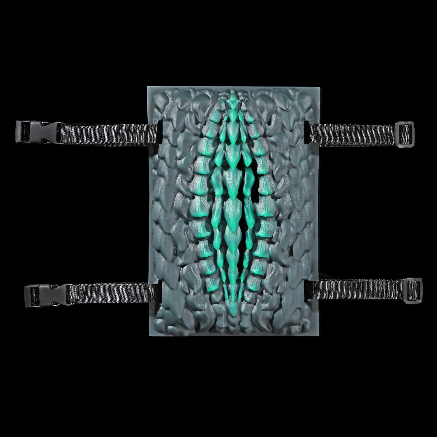 Meo's Scales dragon-scale fantasy grinder with adjustable harness straps - front view with straps