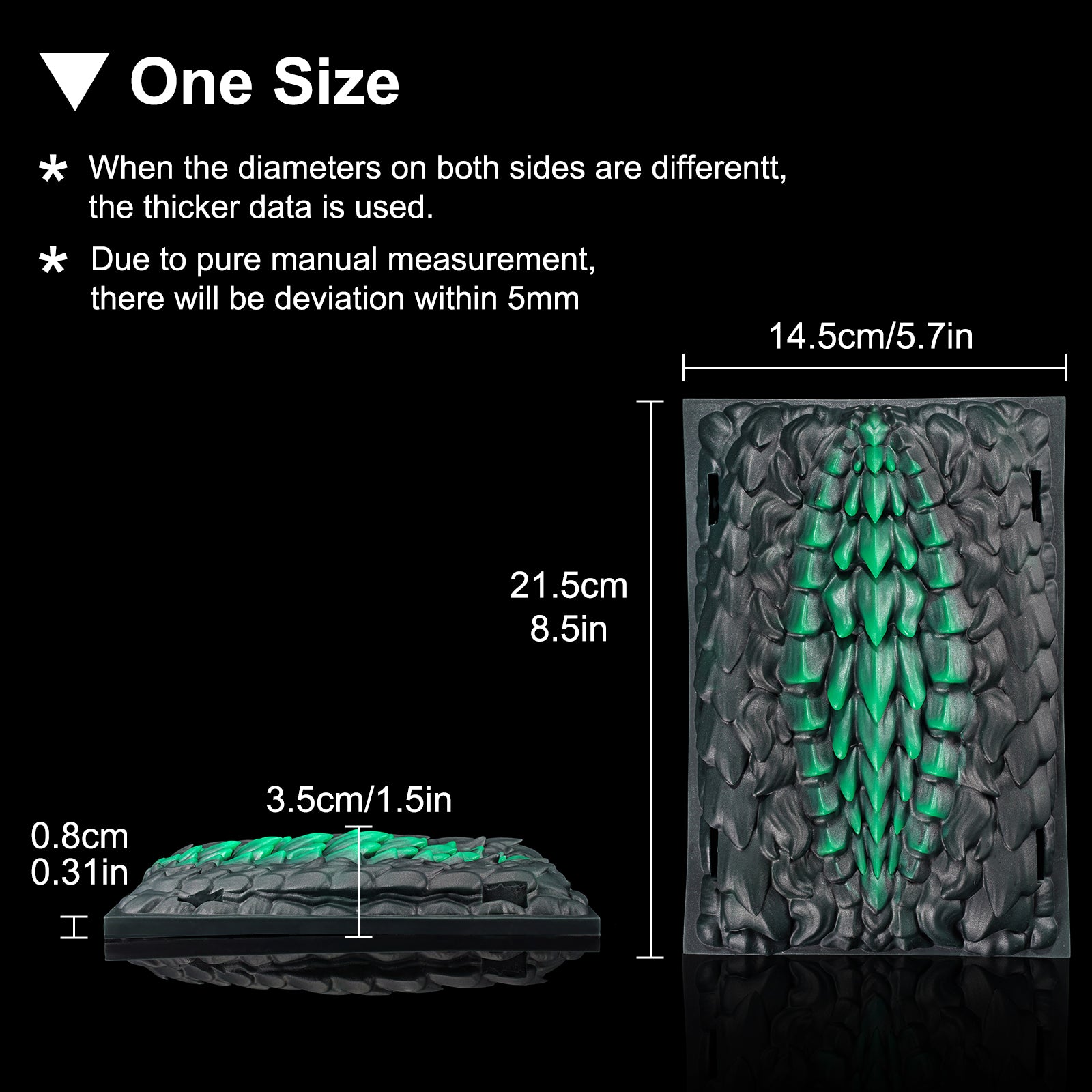 Meo's Scales dragon-scale fantasy grinder with adjustable harness straps - one-size measurement guide