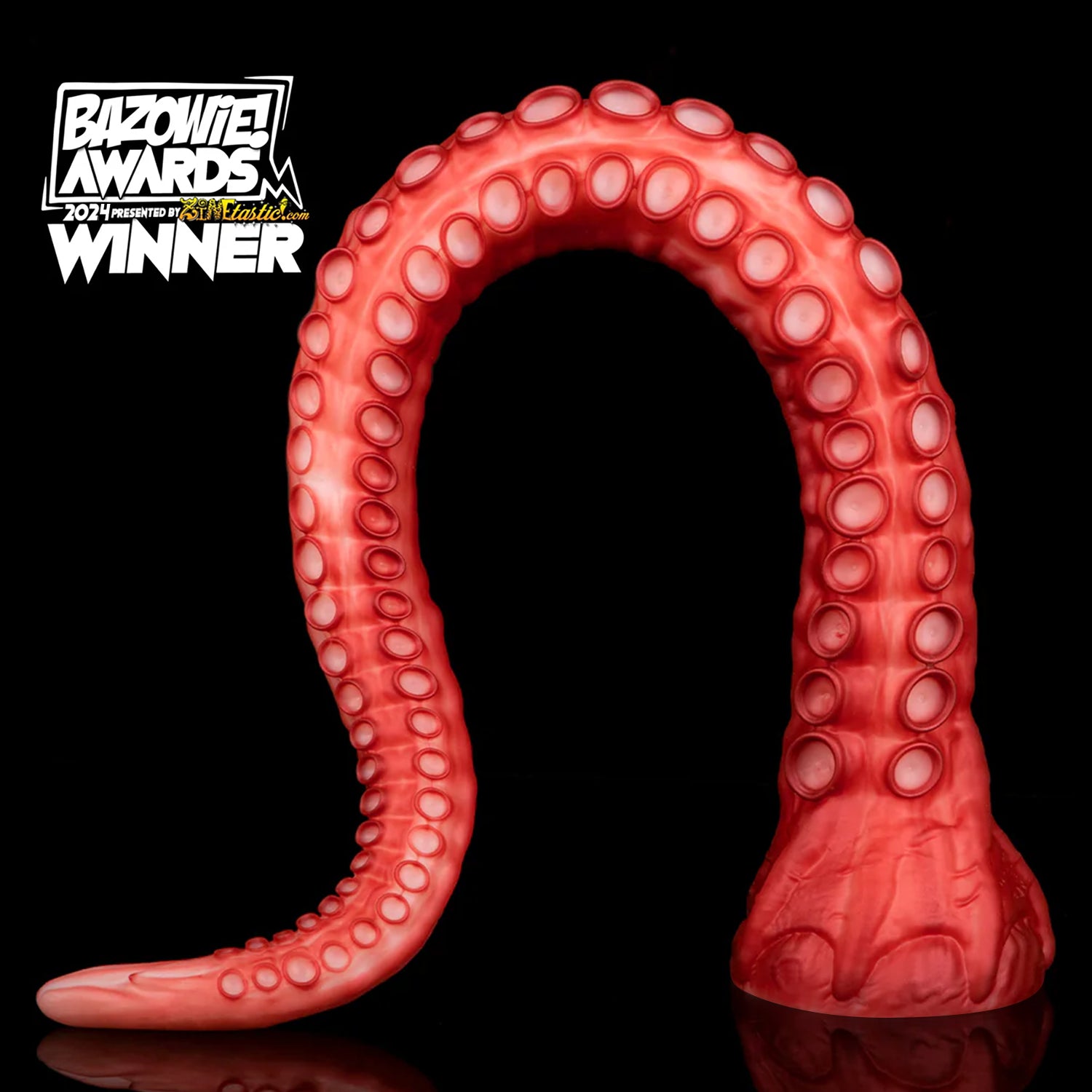 ALLA curved tentacle dildo with raised suction cups and sculpted flared base - curved front view