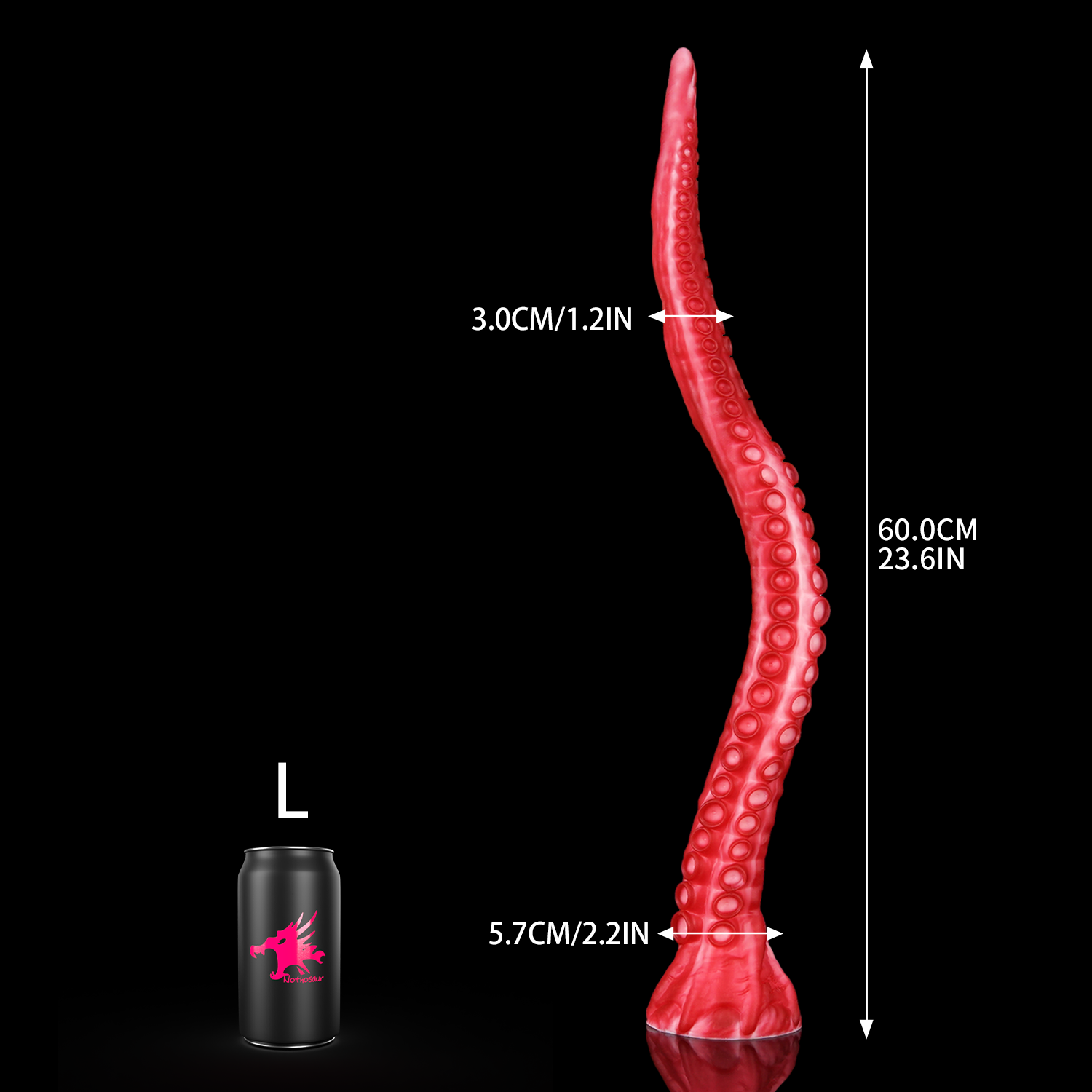 ALLA curved tentacle dildo with raised suction cups and sculpted flared base - L size guide