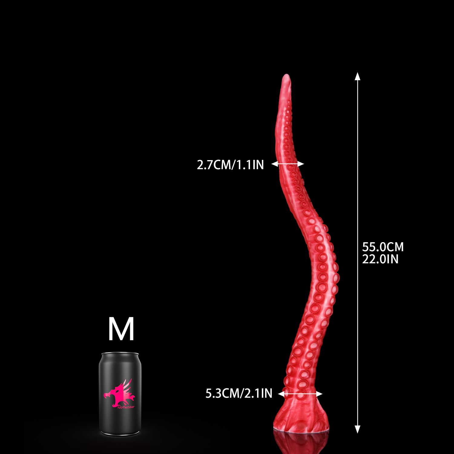 ALLA curved tentacle dildo with raised suction cups and sculpted flared base - M size guide