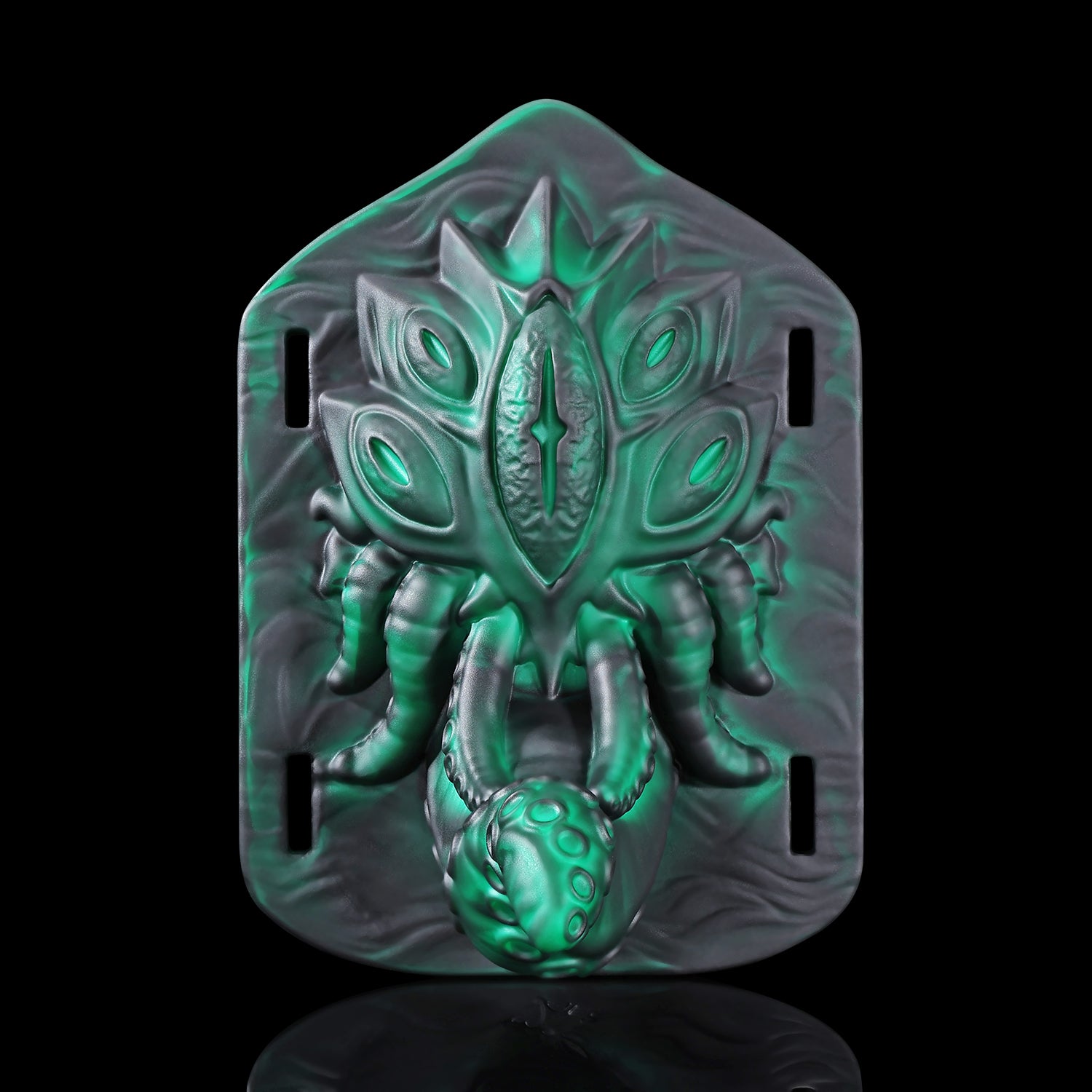 Alla's Gaze fantasy grinder with sculpted tentacles, raised texture, and adjustable harness straps - green front texture view