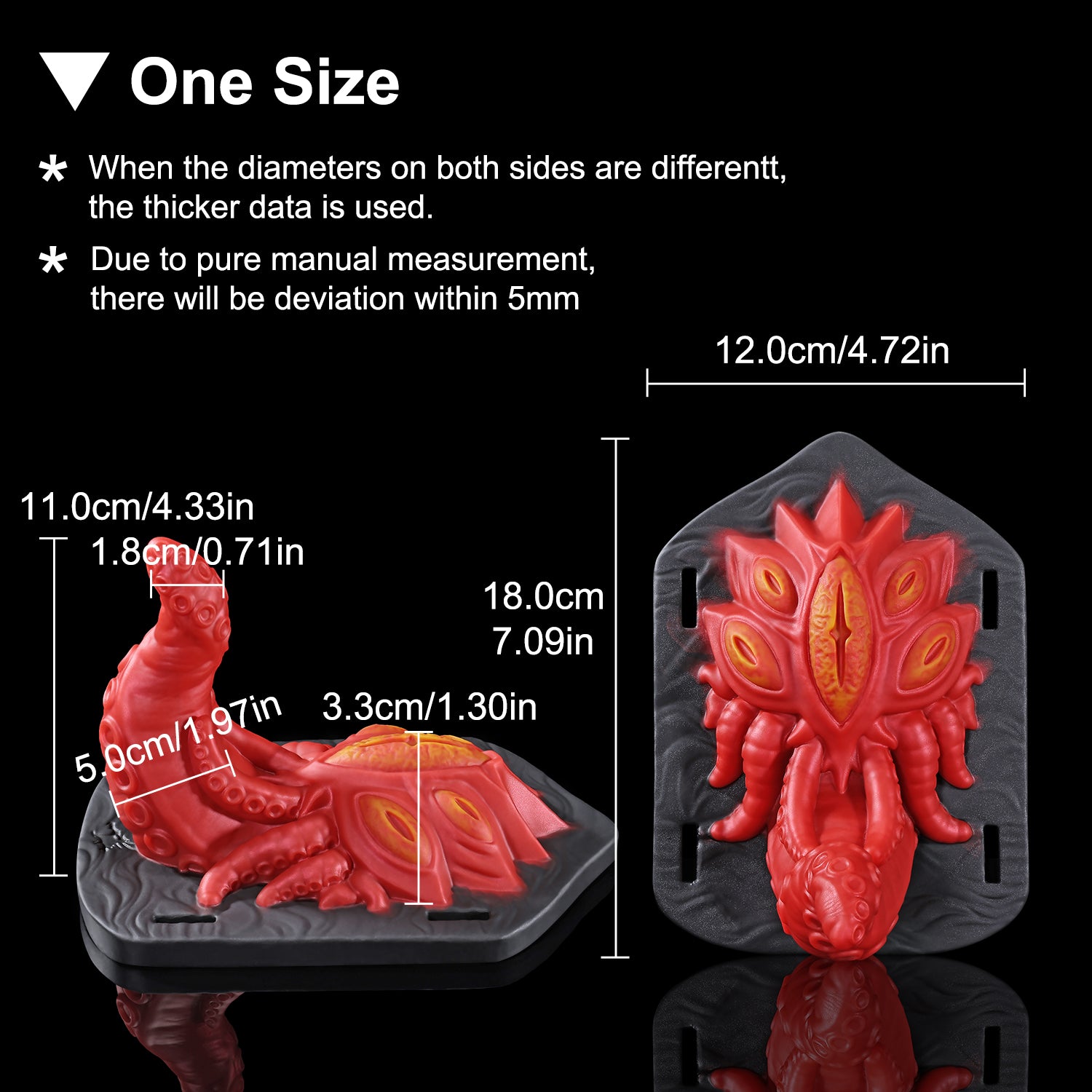 Alla's Gaze fantasy grinder with sculpted tentacles, raised texture, and adjustable harness straps - red one-size measurement guide