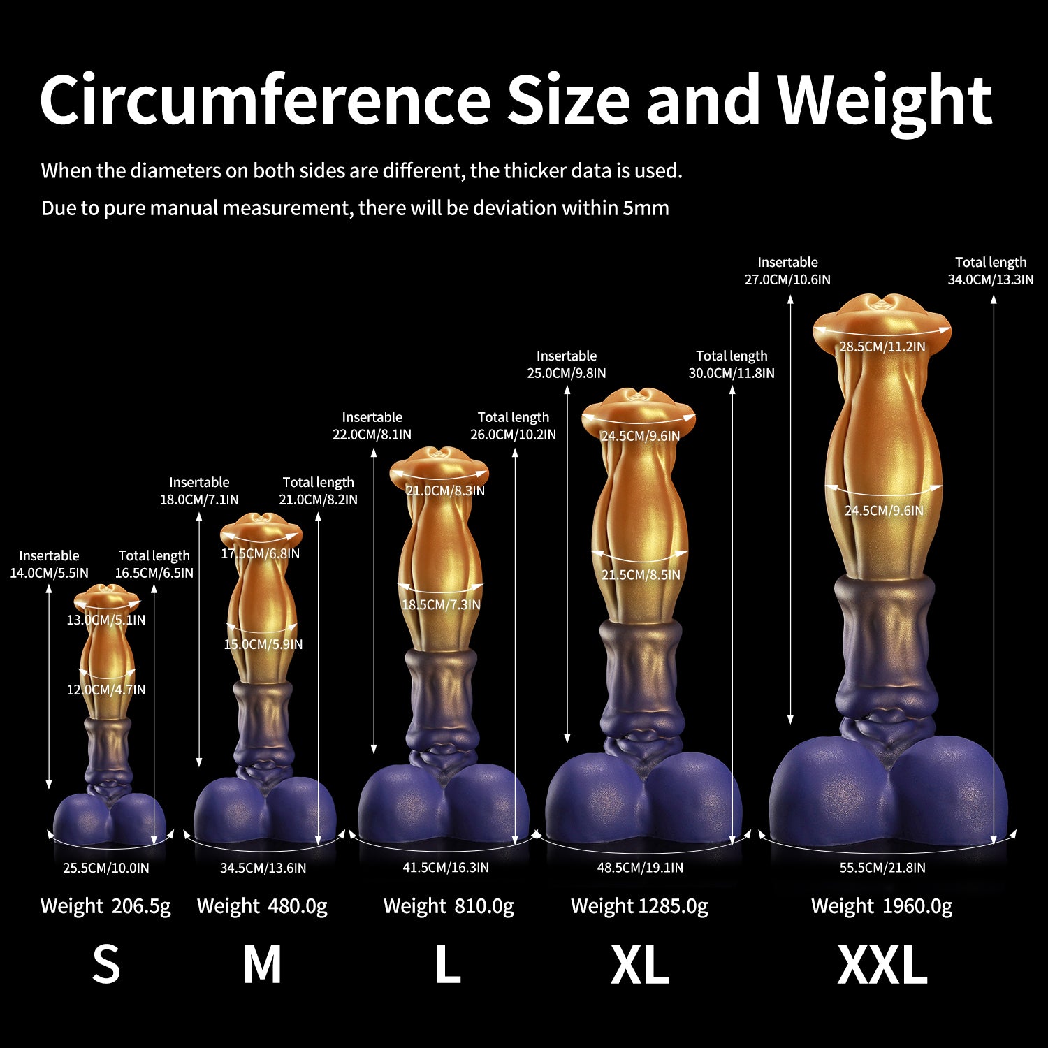 ANUBIS fantasy dildo with a sculpted tapered shaft, flared head, and rounded base - circumference size and weight chart