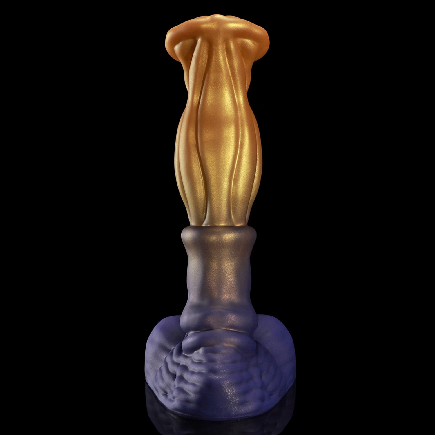 ANUBIS fantasy dildo with a sculpted tapered shaft, flared head, and rounded base - gold and purple front view