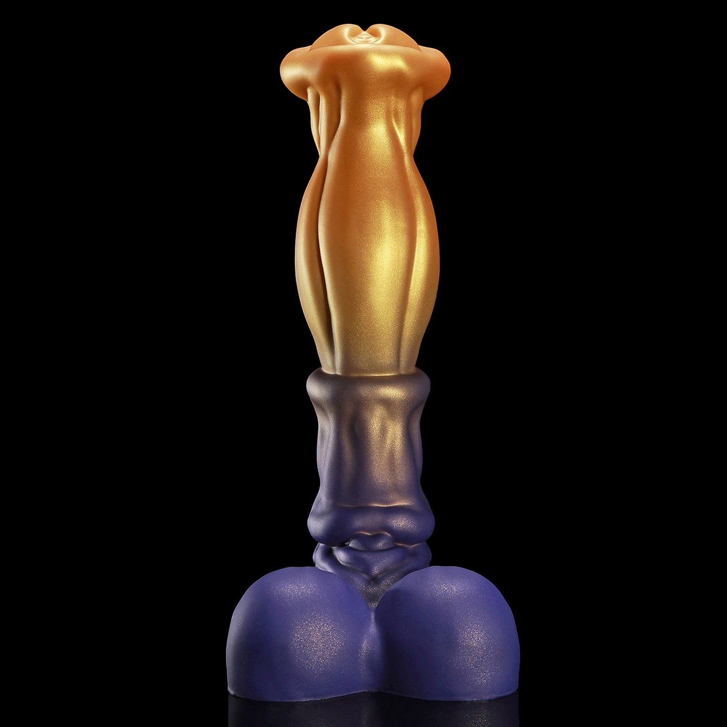 ANUBIS fantasy dildo with a sculpted tapered shaft, flared head, and rounded base - gold and purple shaft detail