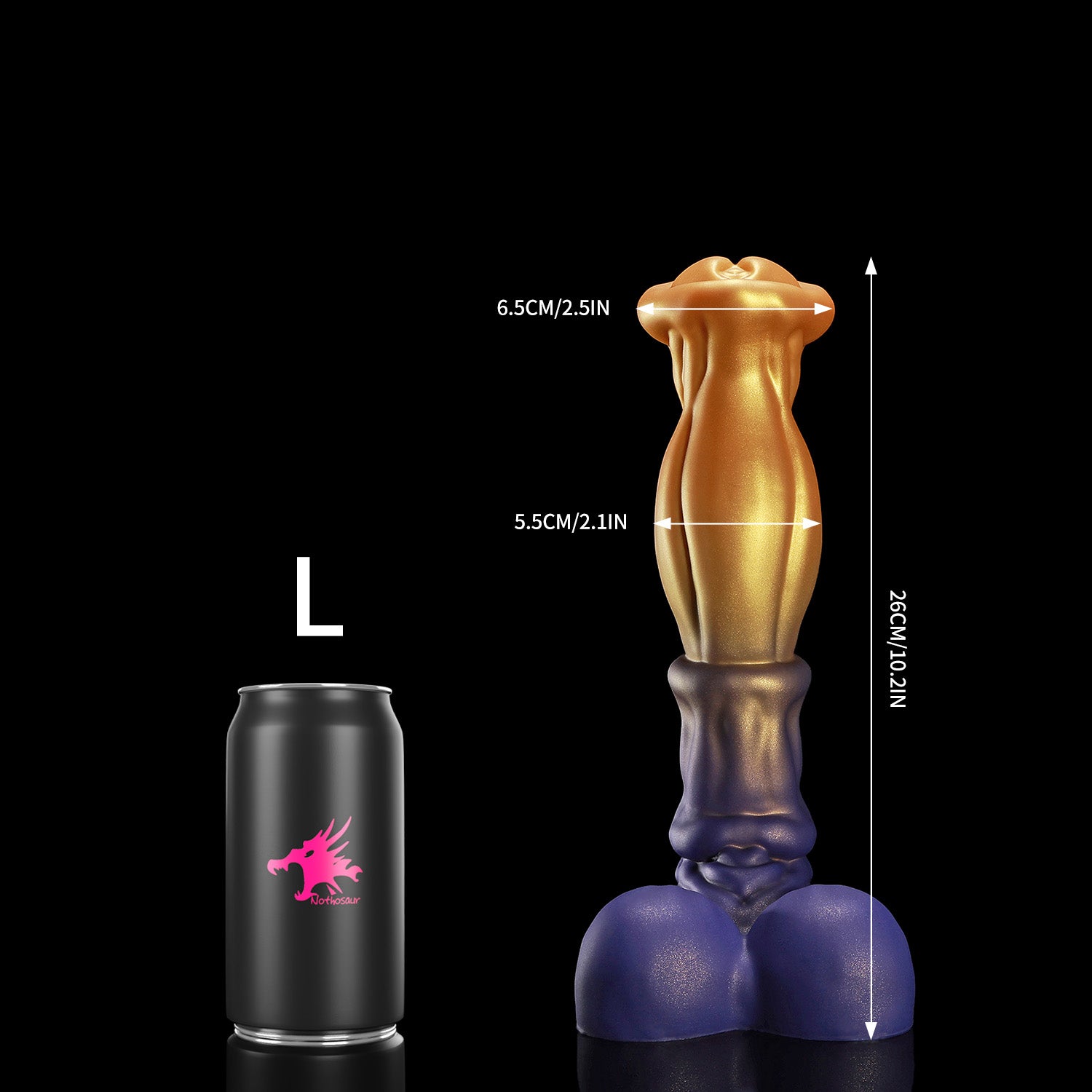 ANUBIS fantasy dildo with a sculpted tapered shaft, flared head, and rounded base - L size guide