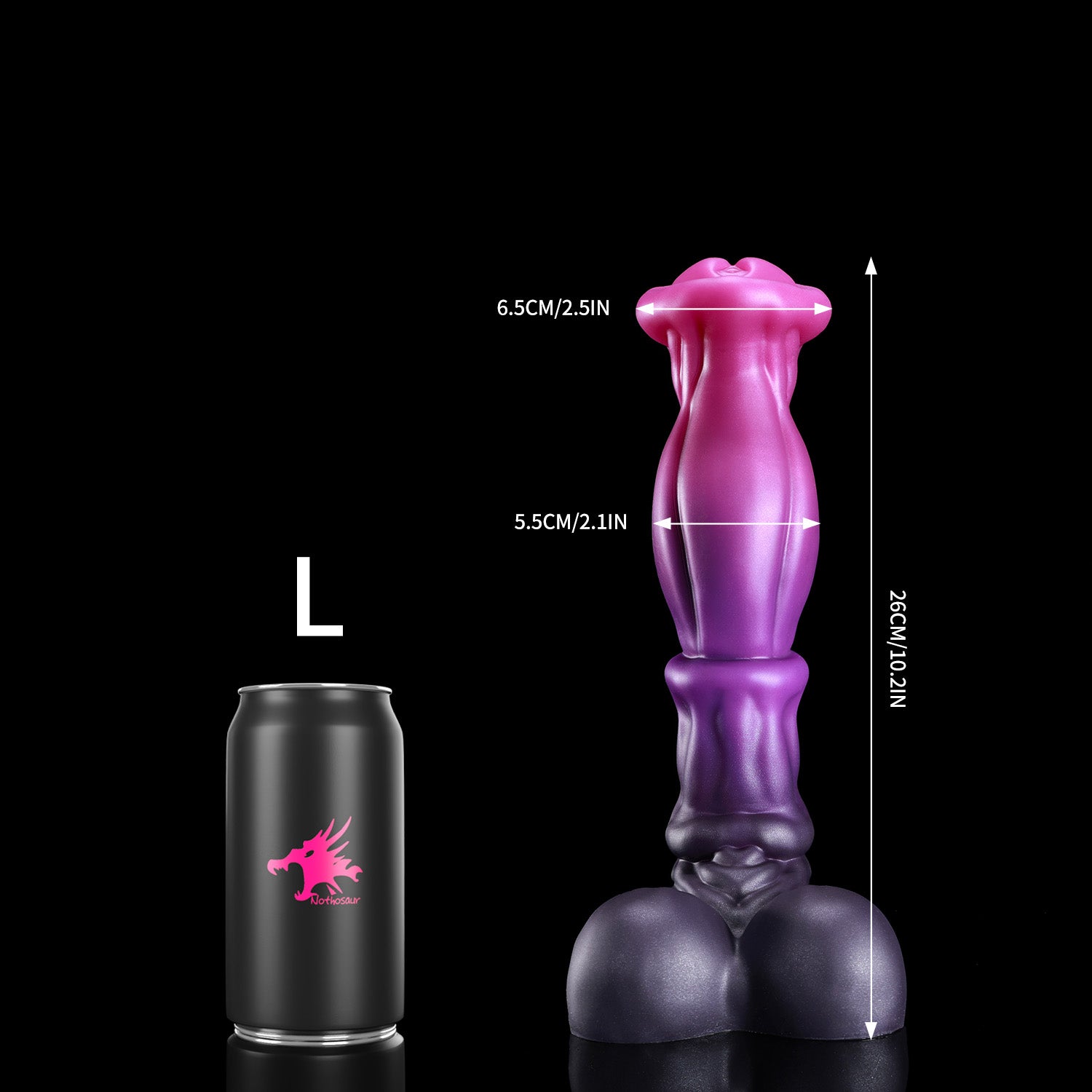 ANUBIS fantasy dildo with a sculpted tapered shaft, flared head, and rounded base - pink custom color L size guide