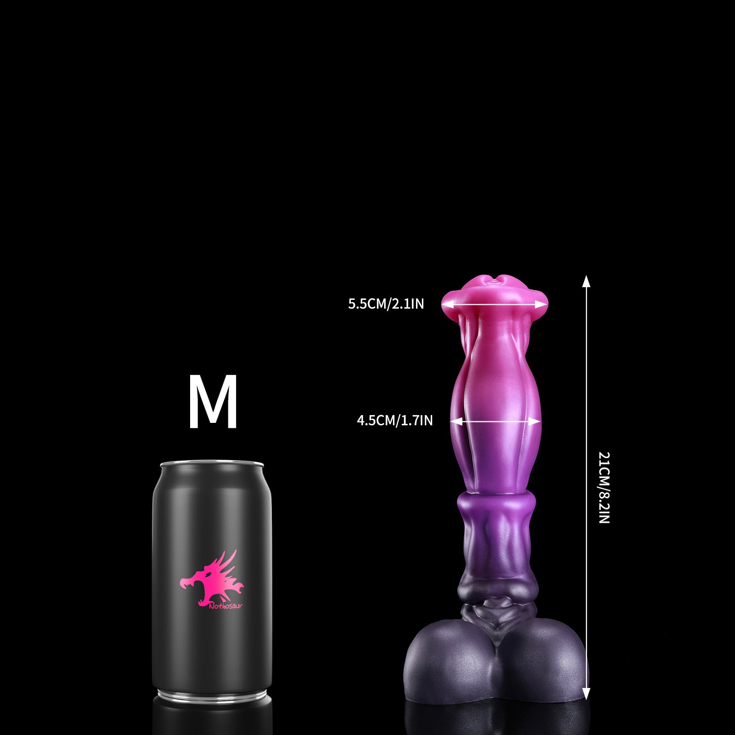 ANUBIS fantasy dildo with a sculpted tapered shaft, flared head, and rounded base - pink custom color M size guide