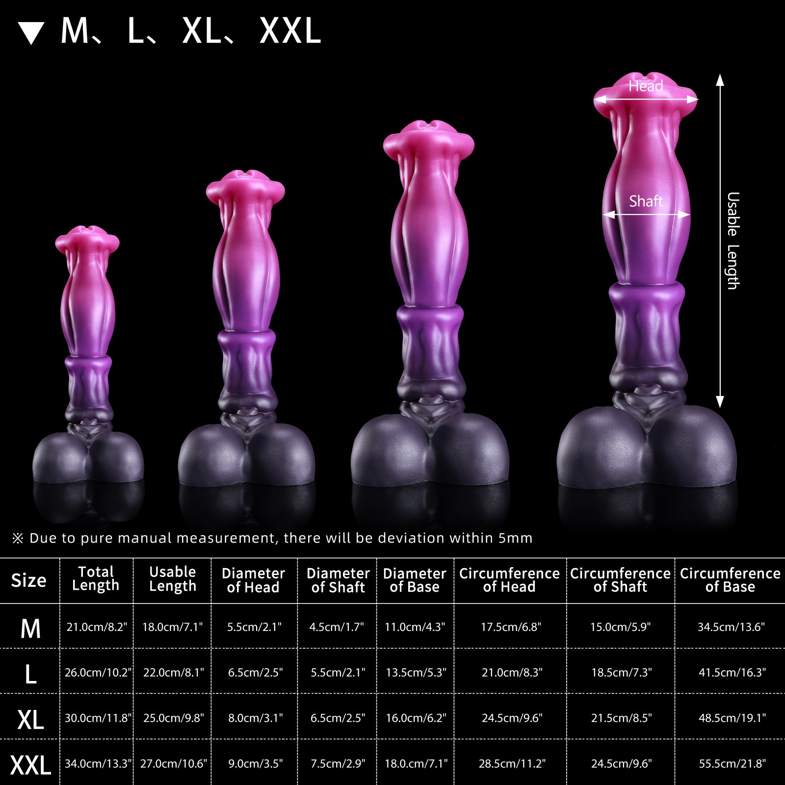 ANUBIS fantasy dildo with a sculpted tapered shaft, flared head, and rounded base - pink custom color size range guide