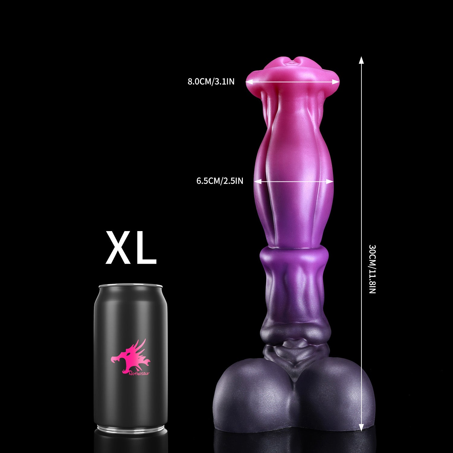 ANUBIS fantasy dildo with a sculpted tapered shaft, flared head, and rounded base - pink custom color XL size guide