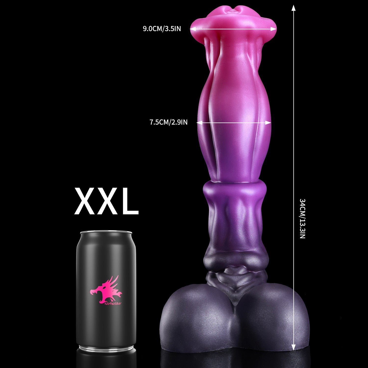 ANUBIS fantasy dildo with a sculpted tapered shaft, flared head, and rounded base - pink custom color XXL size guide