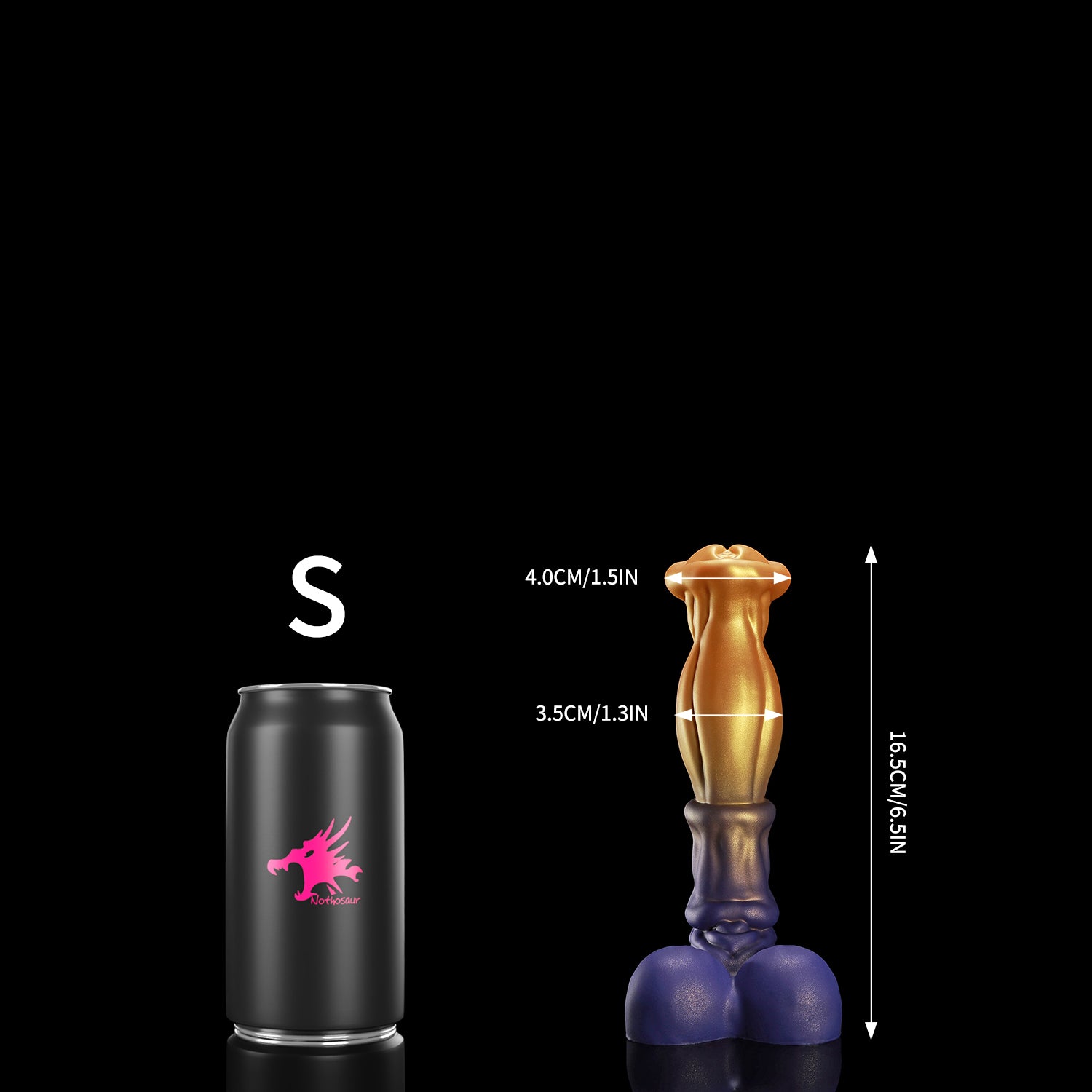 ANUBIS fantasy dildo with a sculpted tapered shaft, flared head, and rounded base - S size guide