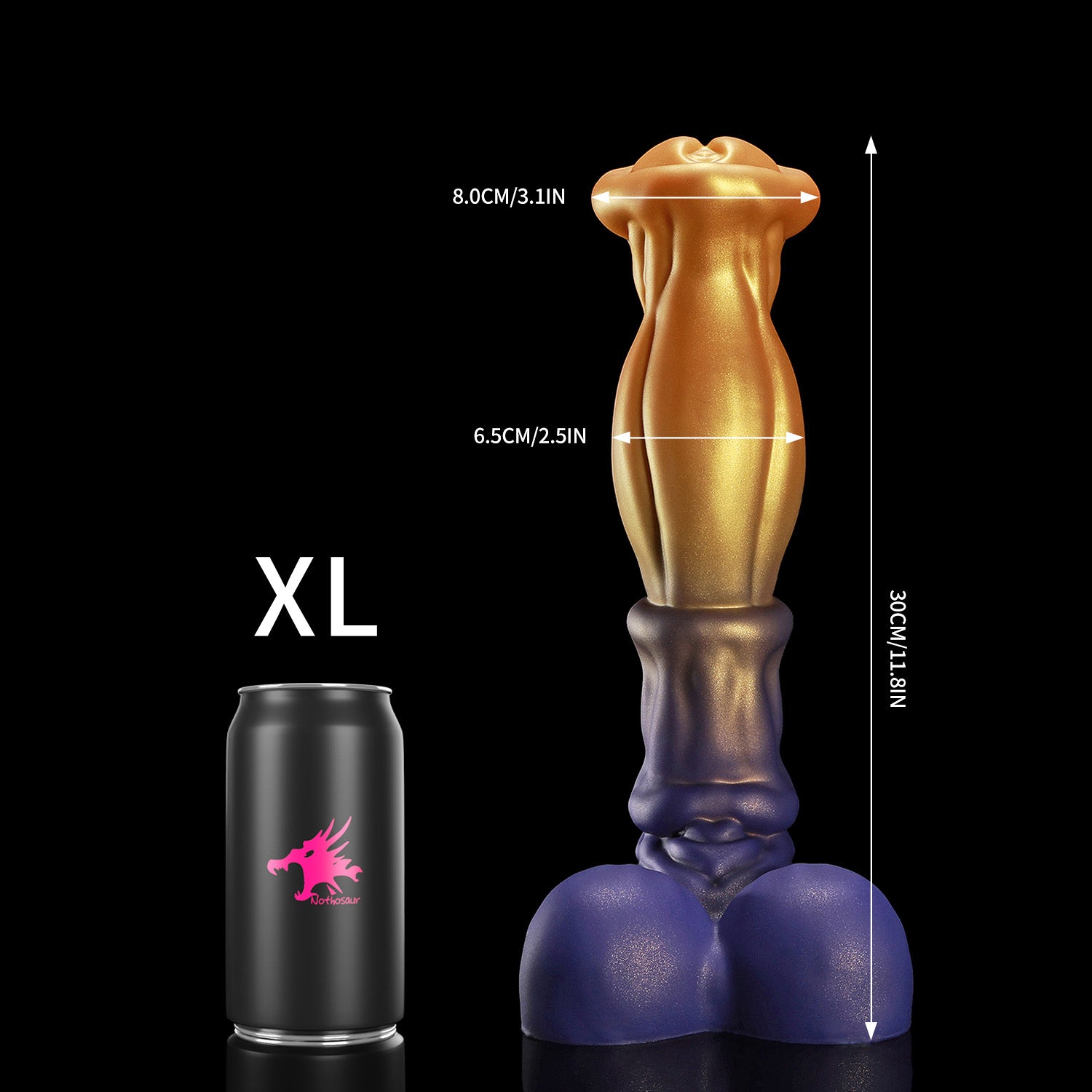 ANUBIS fantasy dildo with a sculpted tapered shaft, flared head, and rounded base - XL size guide