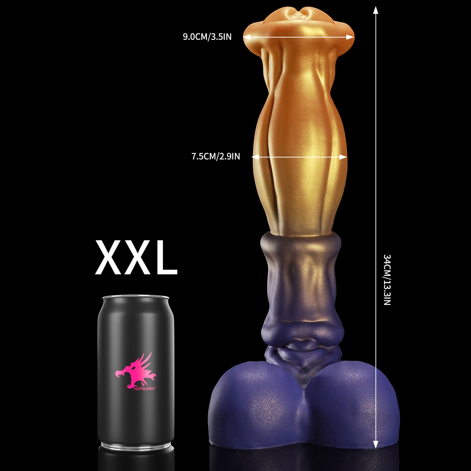 ANUBIS fantasy dildo with a sculpted tapered shaft, flared head, and rounded base - XXL size guide