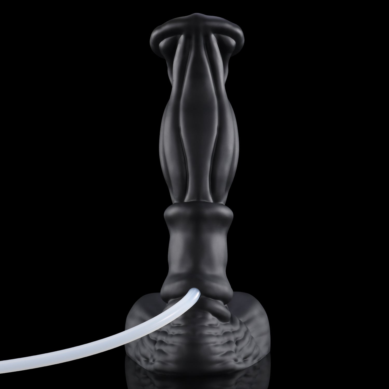 ANUBIS plus tube fantasy ejaculating dildo with a sculpted shaft, flared head, and built-in tube - black custom color front view with tube