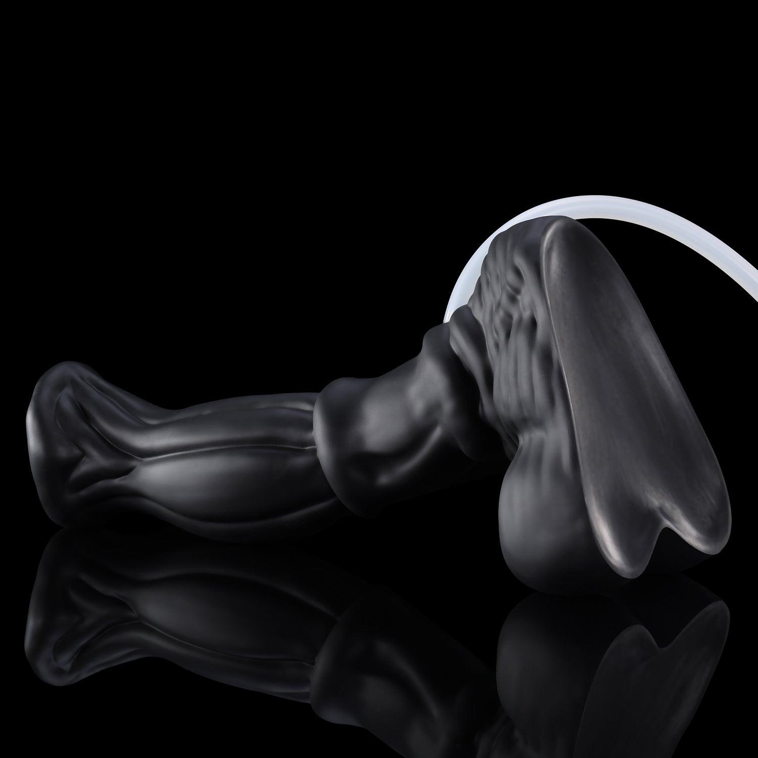 ANUBIS plus tube fantasy ejaculating dildo with a sculpted shaft, flared head, and built-in tube - black custom color rear view with tube