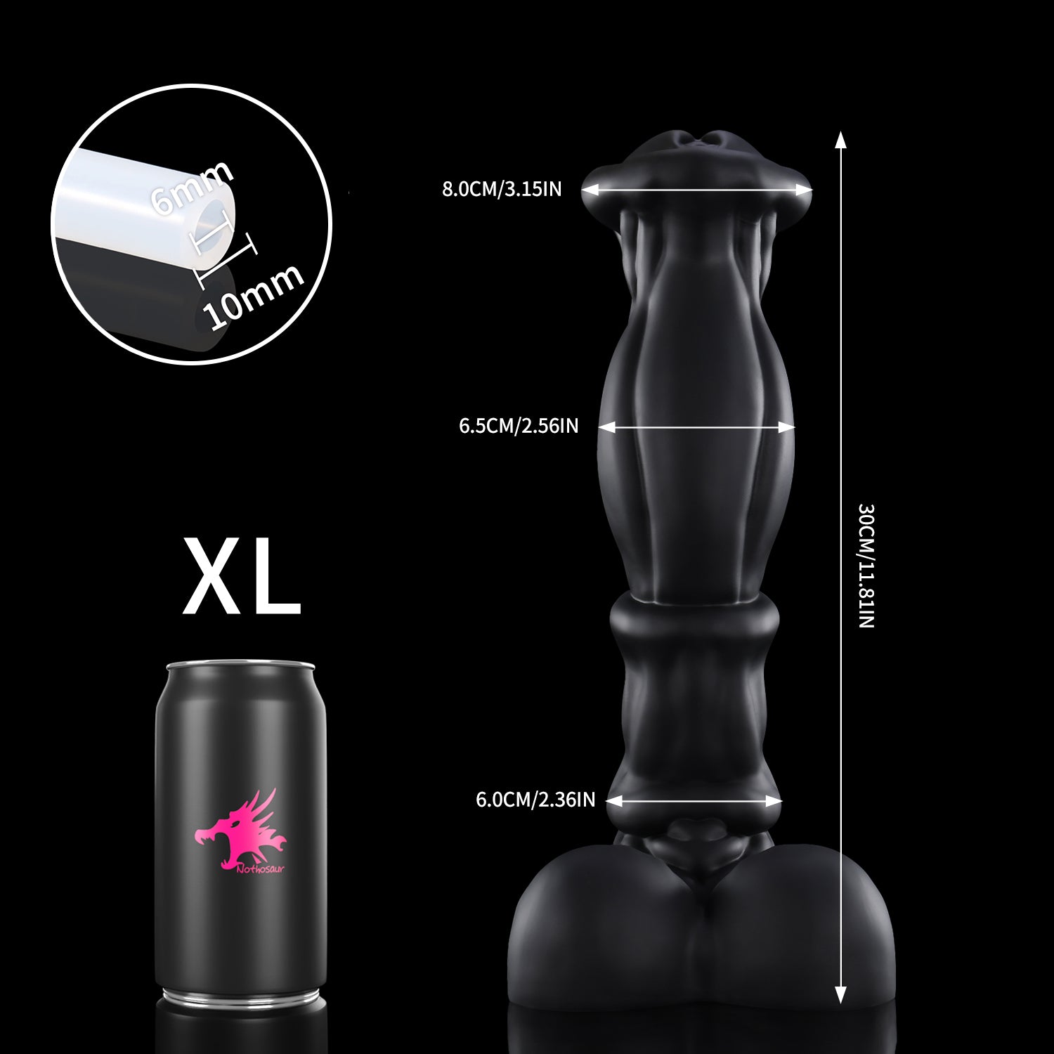 ANUBIS plus tube fantasy ejaculating dildo with a sculpted shaft, flared head, and built-in tube - black custom color XL size guide with tube