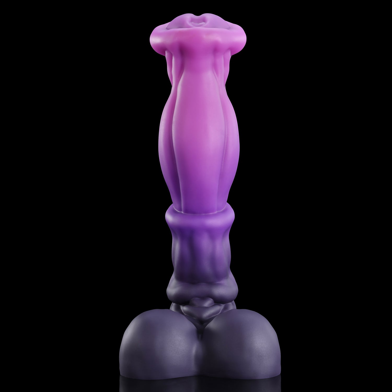 ANUBIS plus tube fantasy ejaculating dildo with a sculpted shaft, flared head, and built-in tube - purple side profile with tube