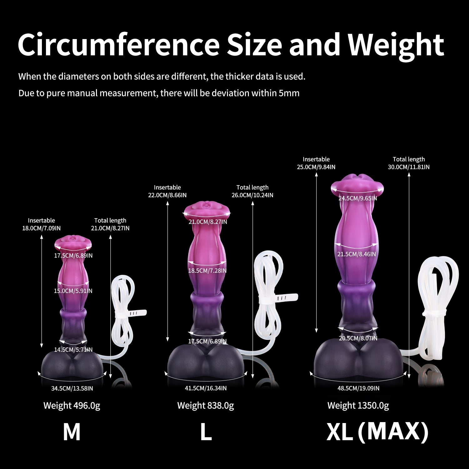 ANUBIS plus tube fantasy ejaculating dildo with a sculpted shaft, flared head, and built-in tube - size range chart with tube