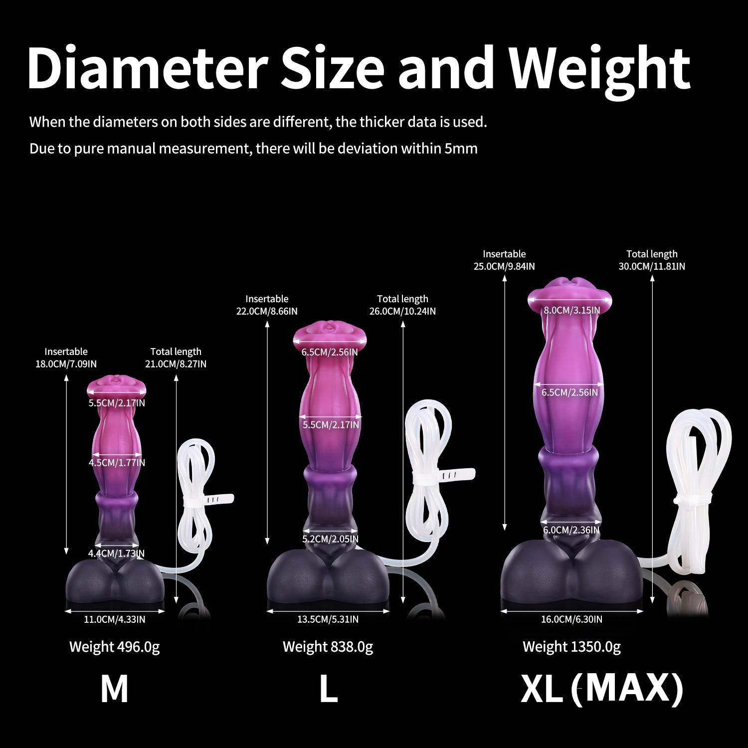 ANUBIS plus tube fantasy ejaculating dildo with a sculpted shaft, flared head, and built-in tube - tube and size range chart