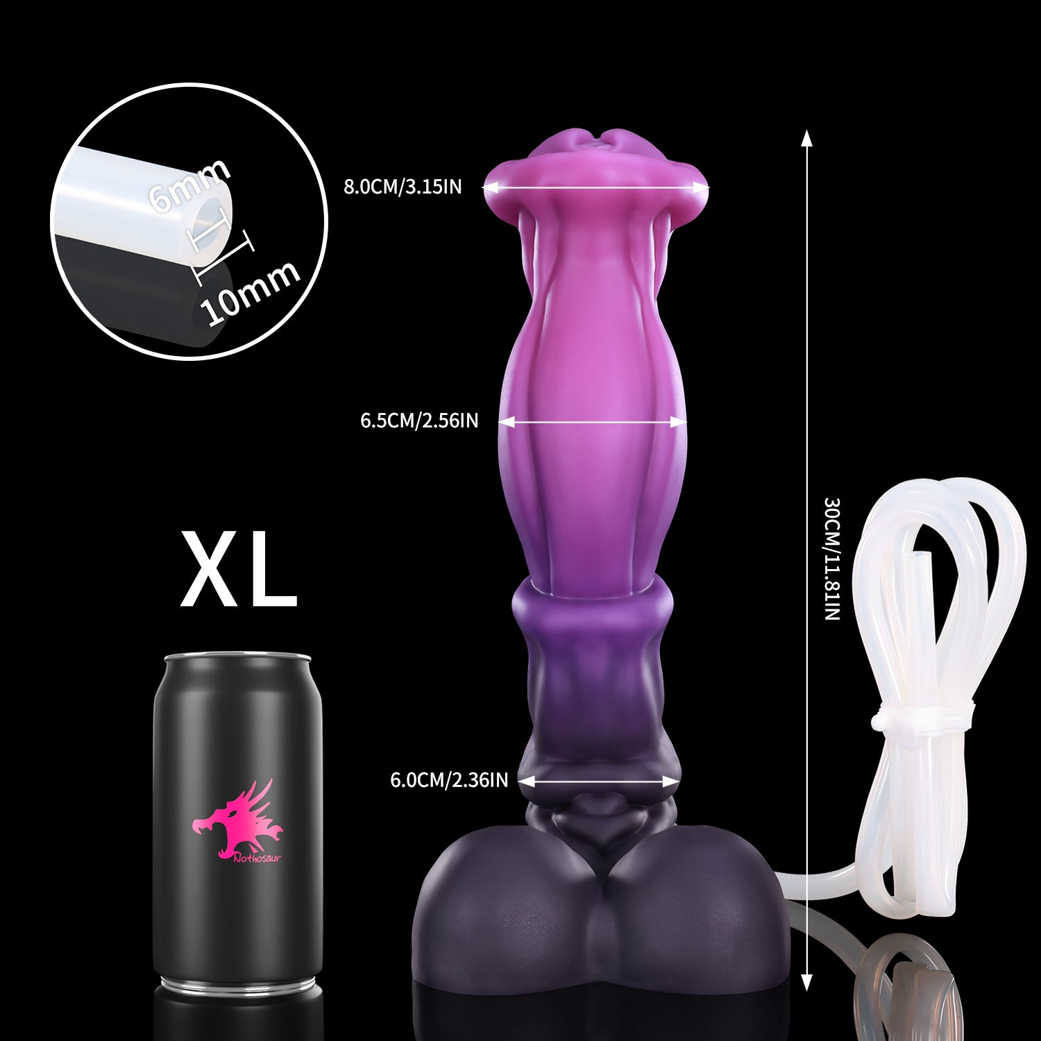 ANUBIS plus tube fantasy ejaculating dildo with a sculpted shaft, flared head, and built-in tube - XL size guide with tube