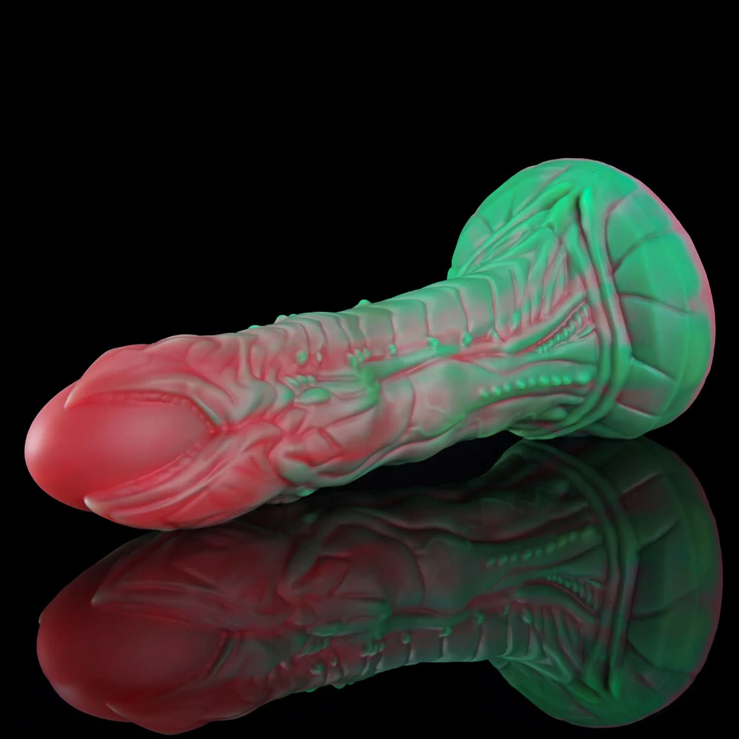 AUDREY fantasy dildo with a ridged sculpted shaft and wide suction-cup base - angled side view