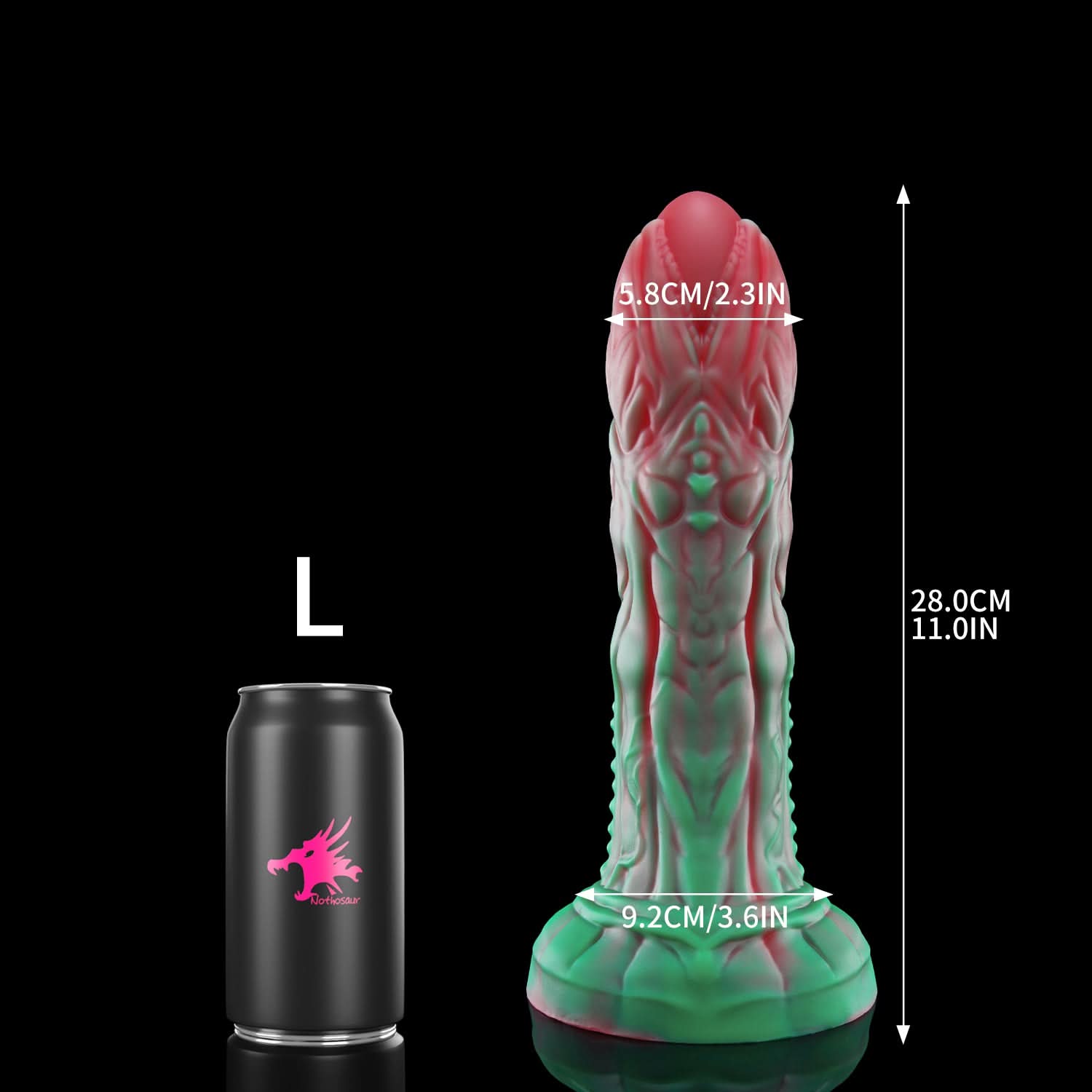 AUDREY fantasy dildo with a ridged sculpted shaft and wide suction-cup base - L size guide