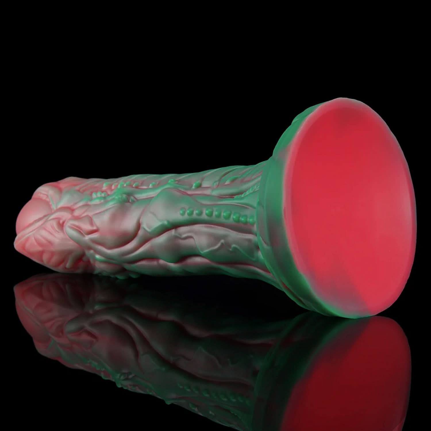 AUDREY fantasy dildo with a ridged sculpted shaft and wide suction-cup base - low side view