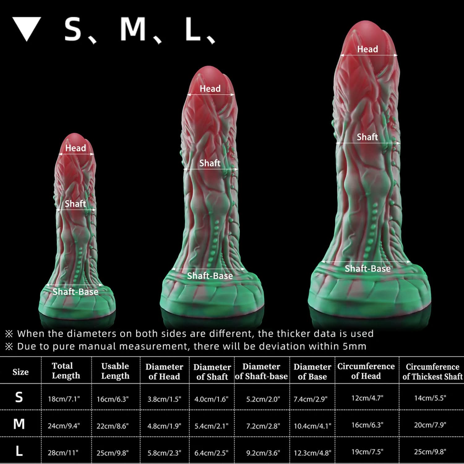 AUDREY fantasy dildo with a ridged sculpted shaft and wide suction-cup base - size chart