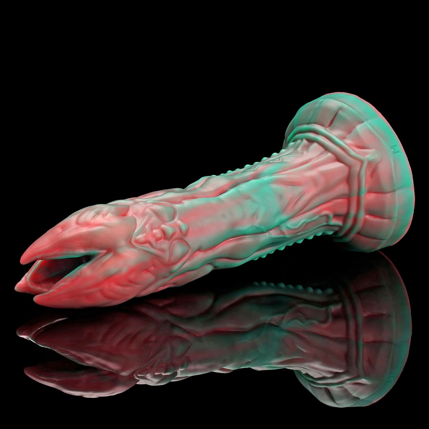 AUDREY II fantasy ovipositor dildo with a ridged hollow shaft, multi-petaled tip, and root-like suction base - angled side view