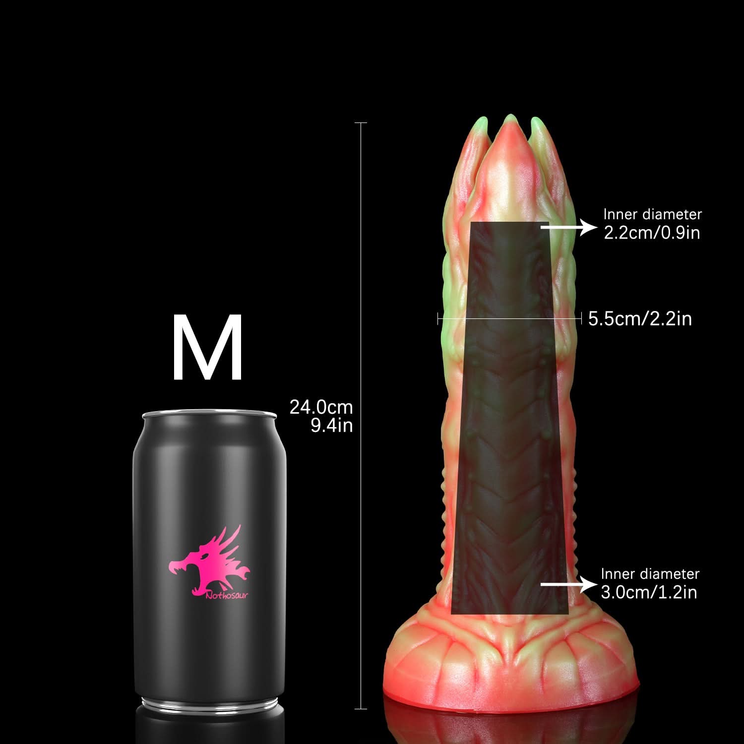 AUDREY II fantasy ovipositor dildo with a ridged hollow shaft, multi-petaled tip, and root-like suction base - M measurement guide