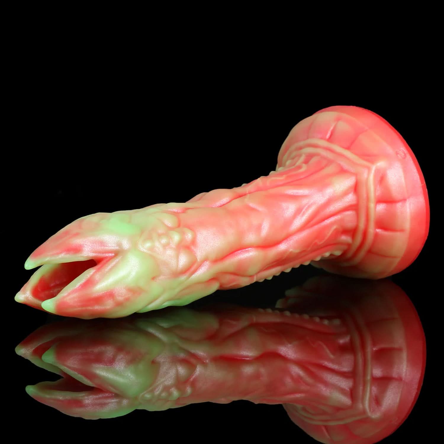 AUDREY II fantasy ovipositor dildo with a ridged hollow shaft, multi-petaled tip, and root-like suction base - M size guide