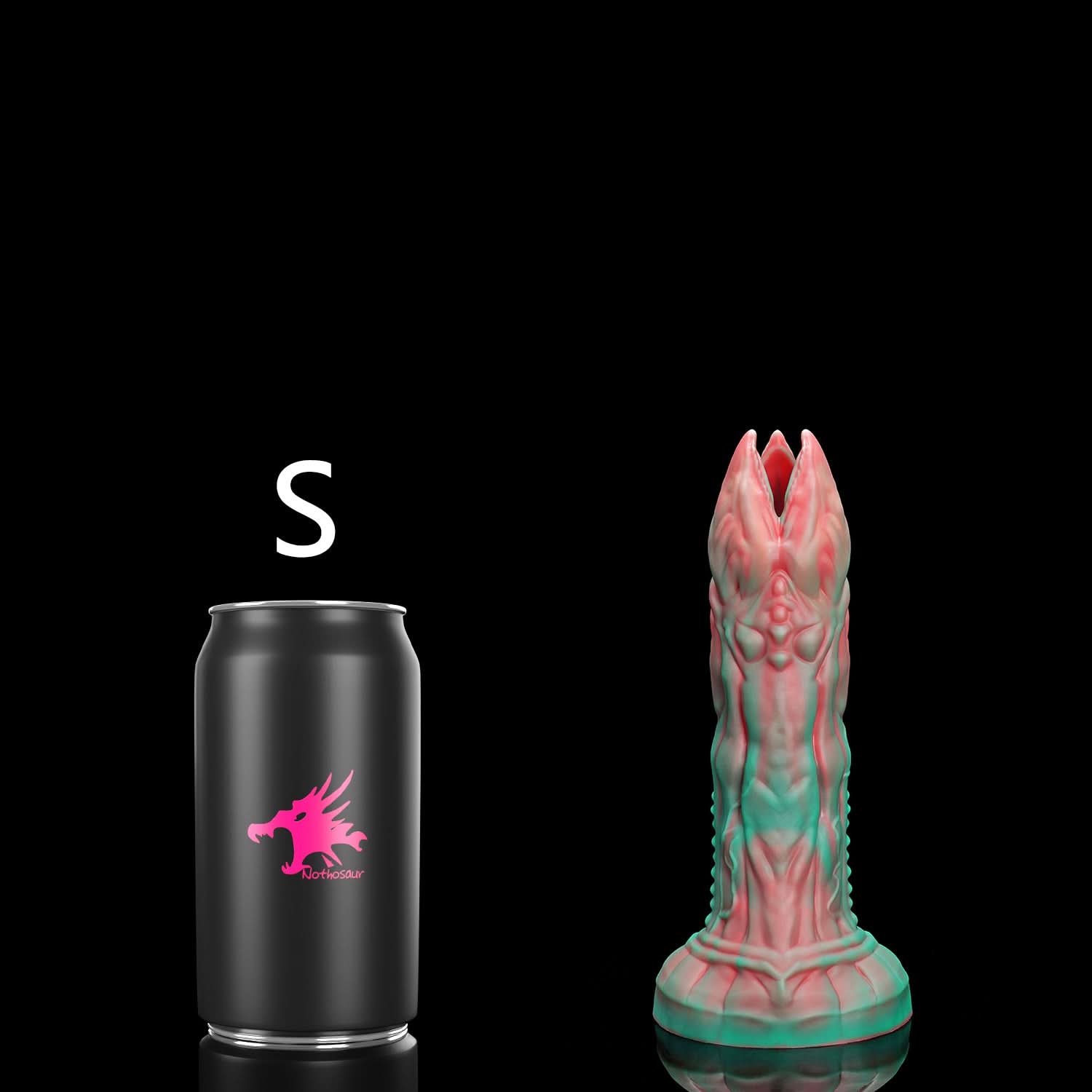 AUDREY II fantasy ovipositor dildo with a ridged hollow shaft, multi-petaled tip, and root-like suction base - rear view