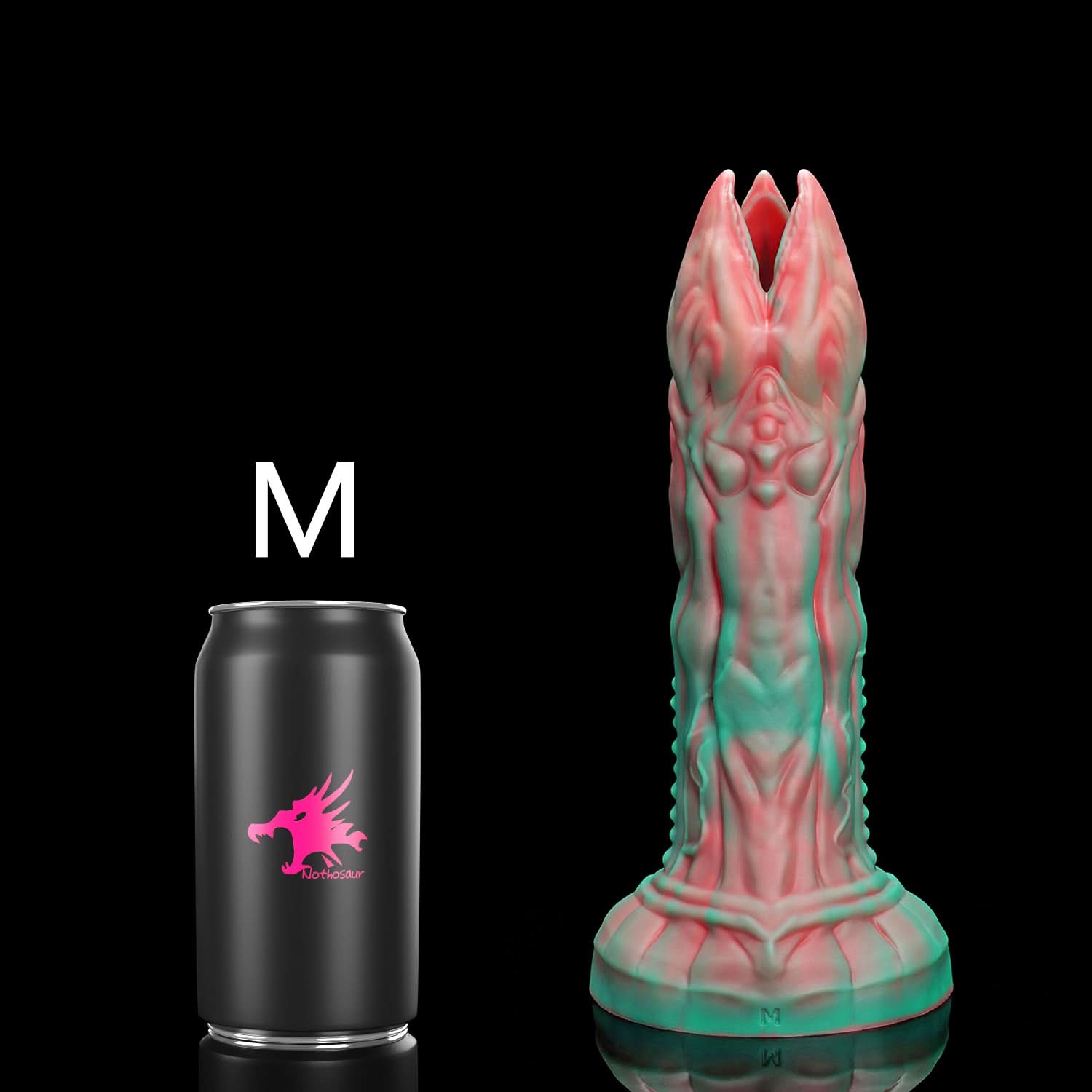 AUDREY II fantasy ovipositor dildo with a ridged hollow shaft, multi-petaled tip, and root-like suction base - S size guide
