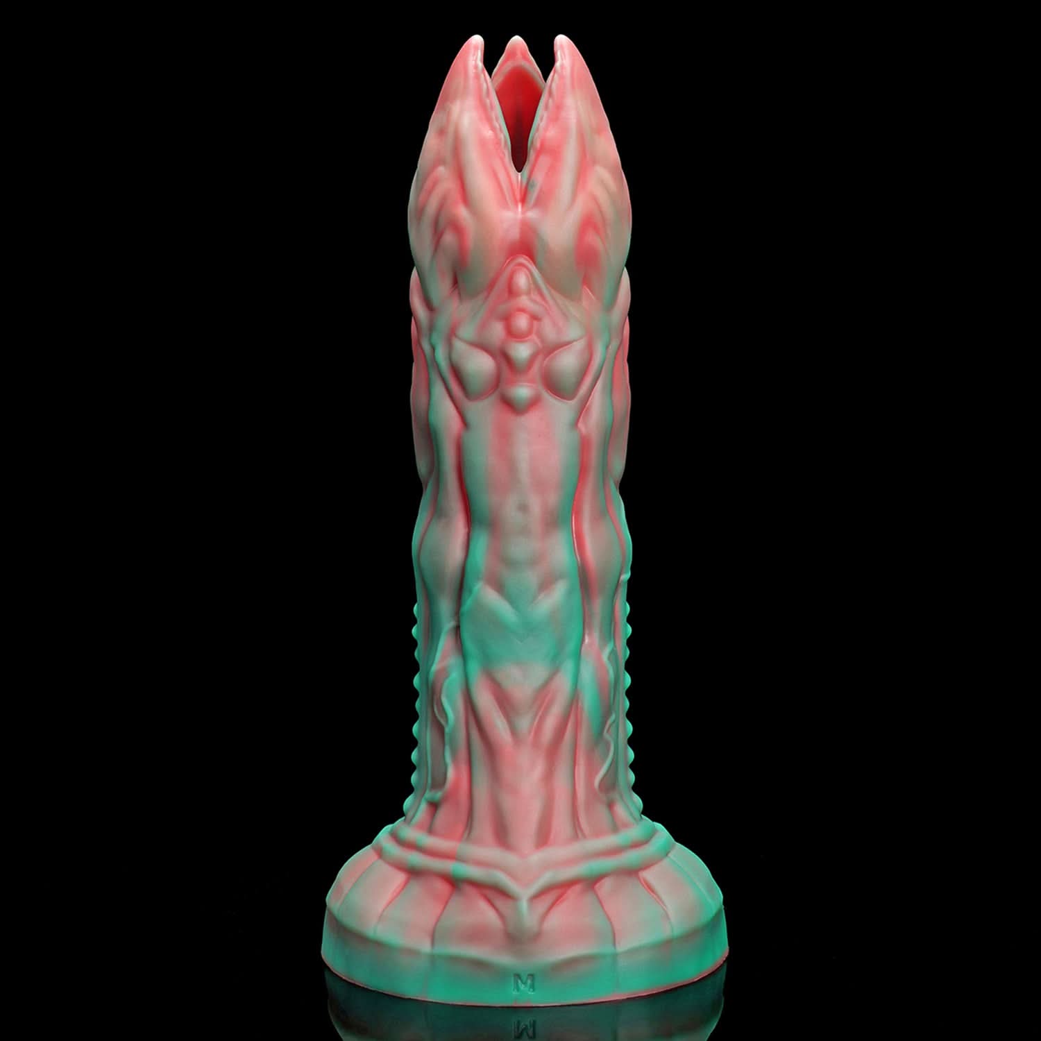 AUDREY II fantasy ovipositor dildo with a ridged hollow shaft, multi-petaled tip, and root-like suction base - shaft texture detail