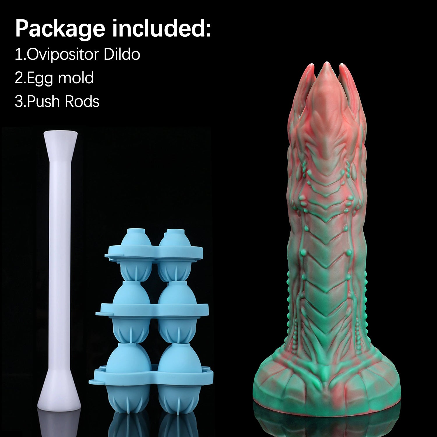 AUDREY II plus OGG fantasy ovipositor dildo with a ridged hollow shaft, OGG egg set, mold, and push rods - ovipositor mold and push rods