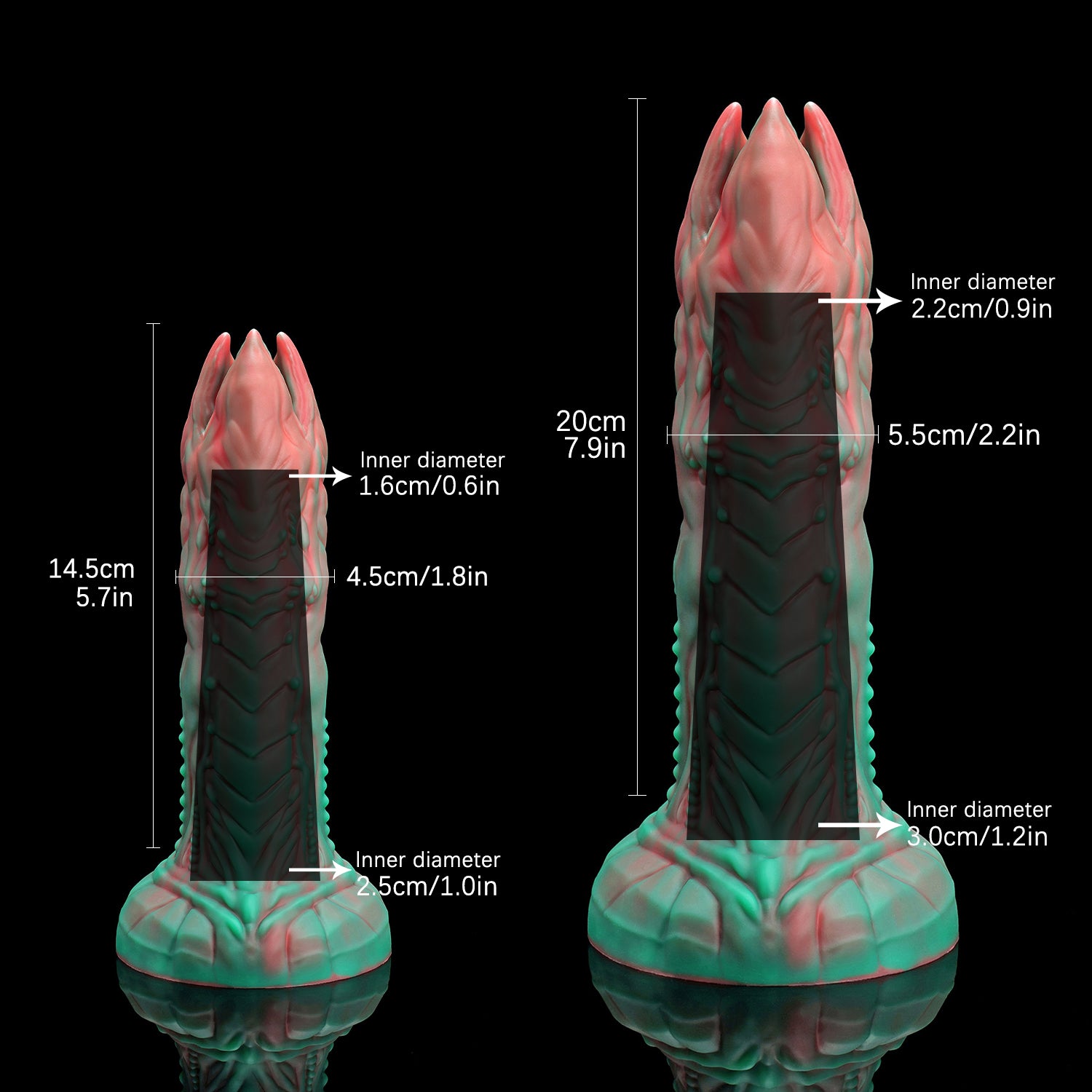 AUDREY II plus OGG fantasy ovipositor dildo with a ridged hollow shaft, OGG egg set, mold, and push rods - size and accessory guide