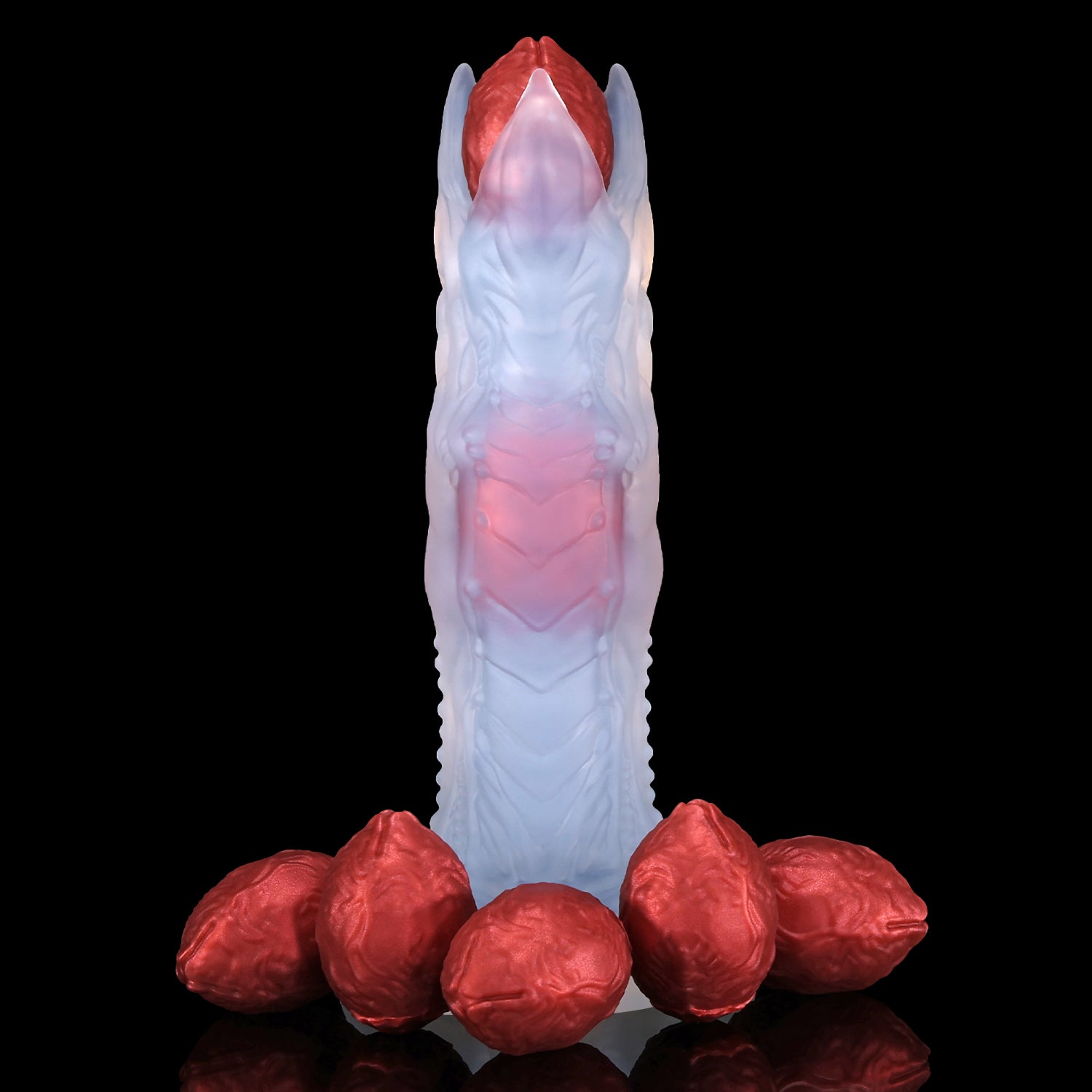 AUDREY II plus OGG fantasy ovipositor dildo with a ridged hollow shaft, OGG egg set, mold, and push rods - white custom color side view with eggs