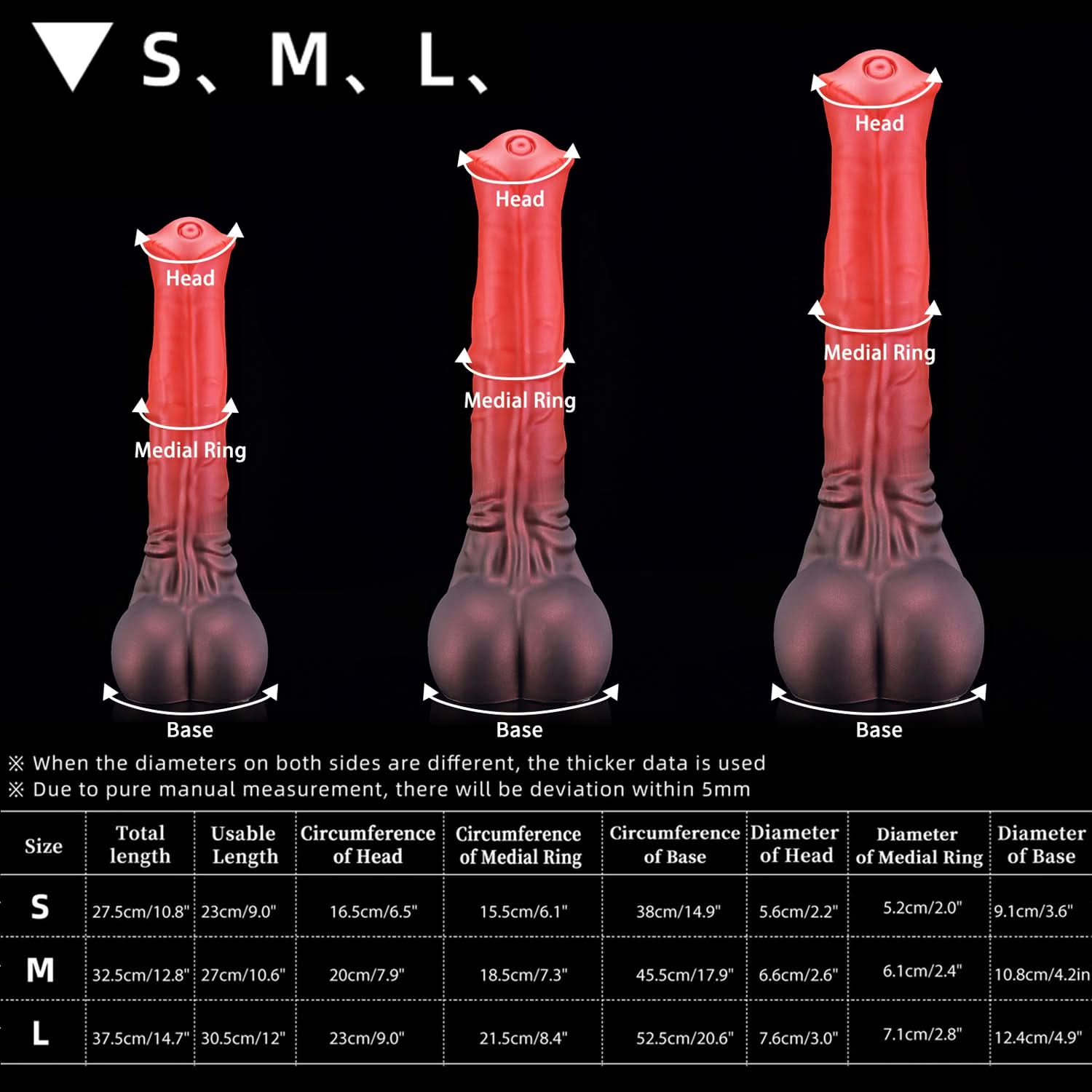 AVOYO fantasy horse dildo with a tapered textured shaft, sculpted base, and rounded balls - size chart